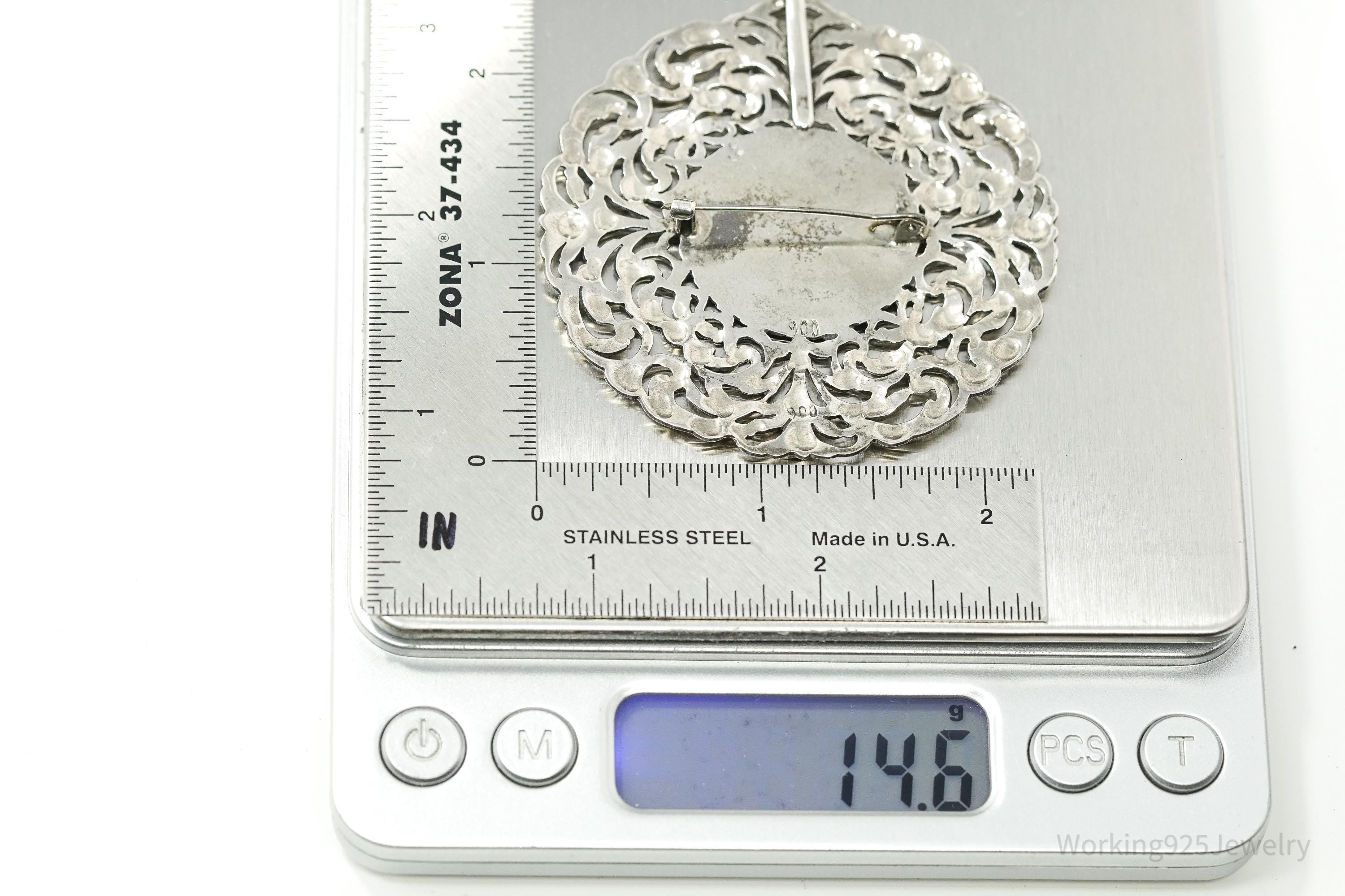 Large Ornate Antique "Patty" 900 Silver Brooch Pin Pendant