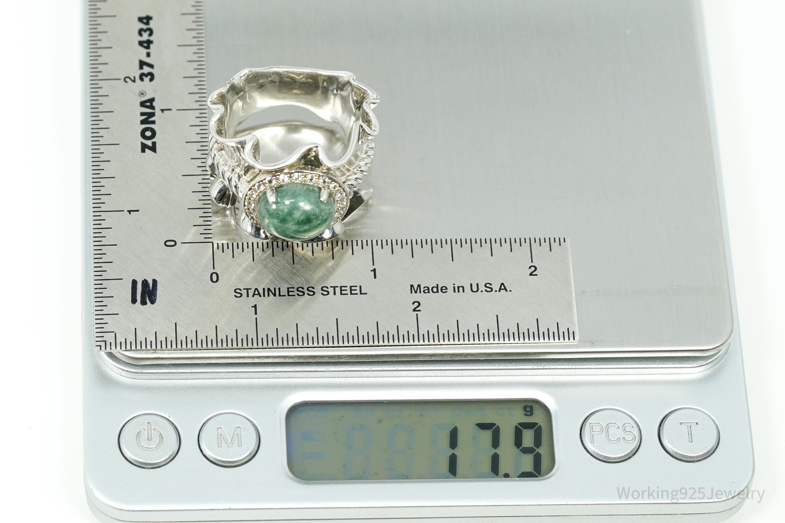 Michelle Albala Green Jadeite & White Topaz Sterling Silver Ring - Size 11.25