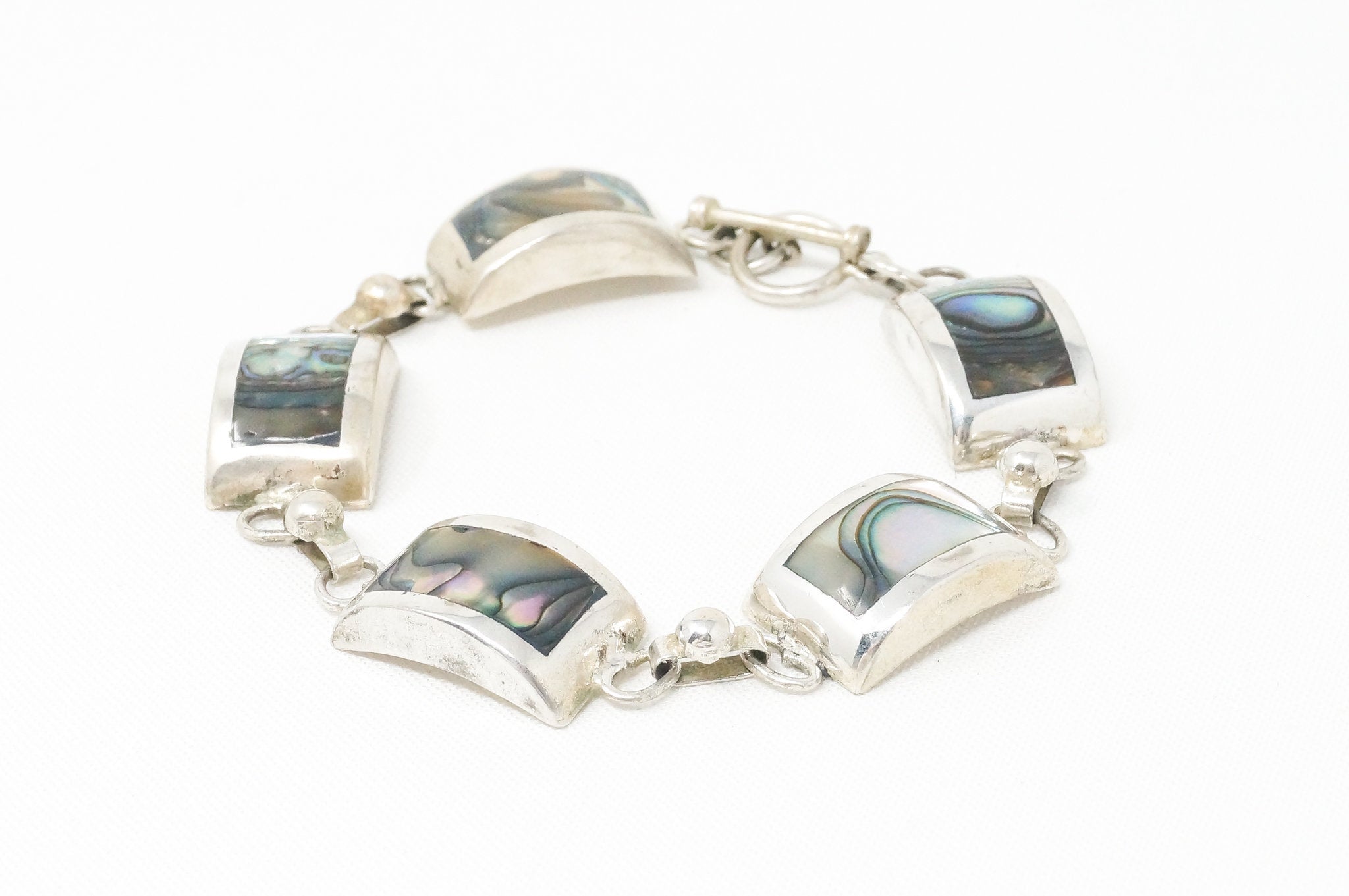 Vintage Mexico Designer Paua Abalone Shell Southwestern Sterling Silver Bracelet