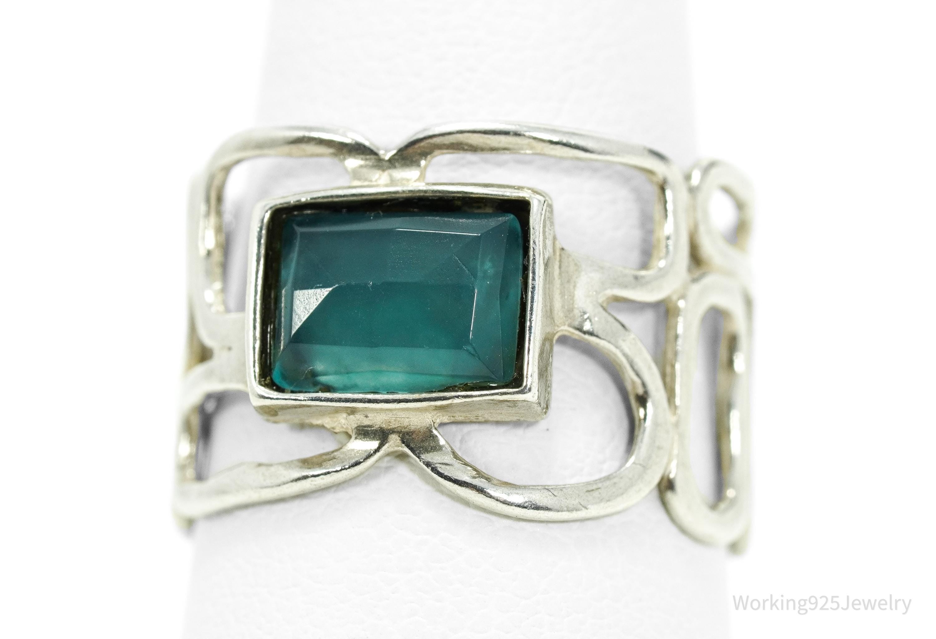 Vintage Teal Chalcedony Modernist Style Sterling Silver Ring - Size 6.75