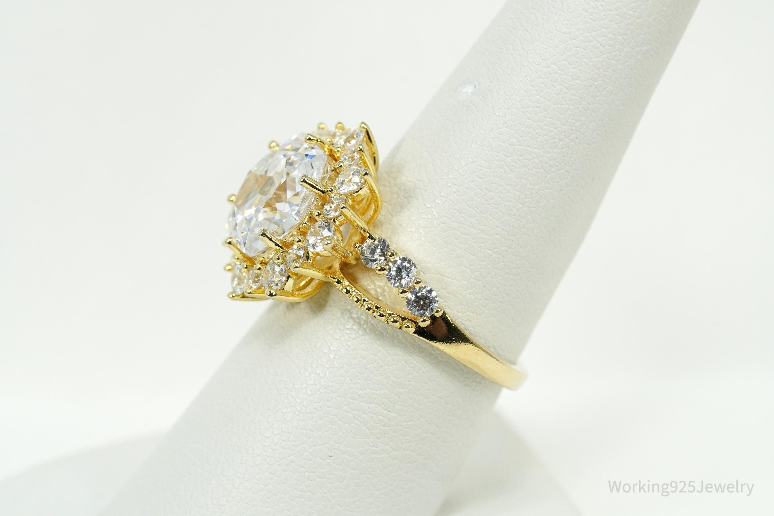 Large Cubic Zirconia Gold Over Sterling Silver Ring - Size 8
