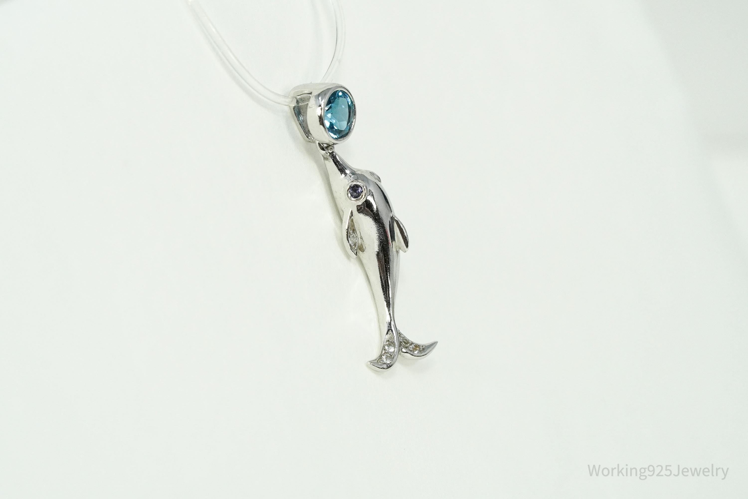 Vintage Blue Topaz Dolphin Sterling Silver Necklace Pendant 1 1/8"