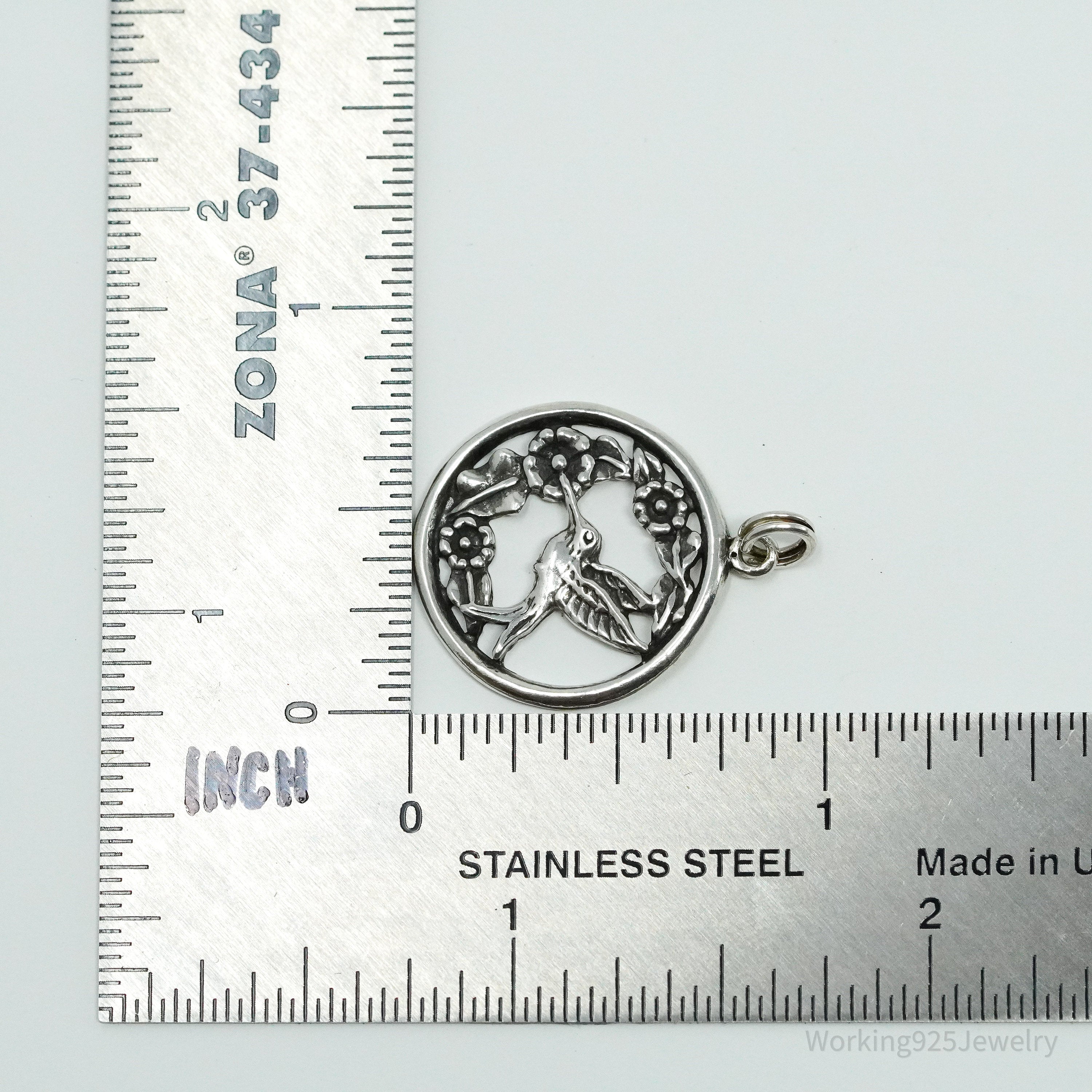Vintage Hummingbird & Flowers Sterling Silver Charm Pendant
