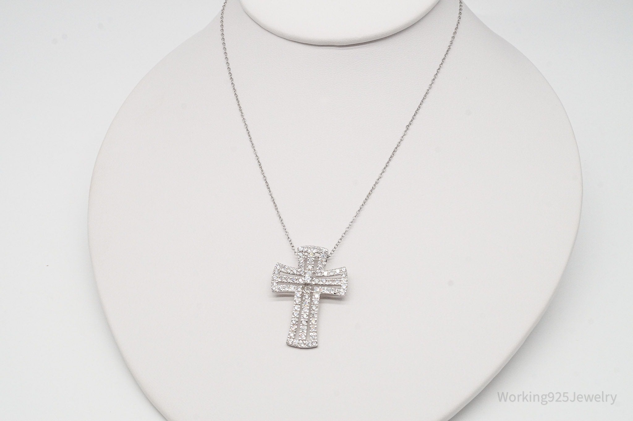 Vintage Cubic Zirconia Cross Sterling Silver Necklace 18"