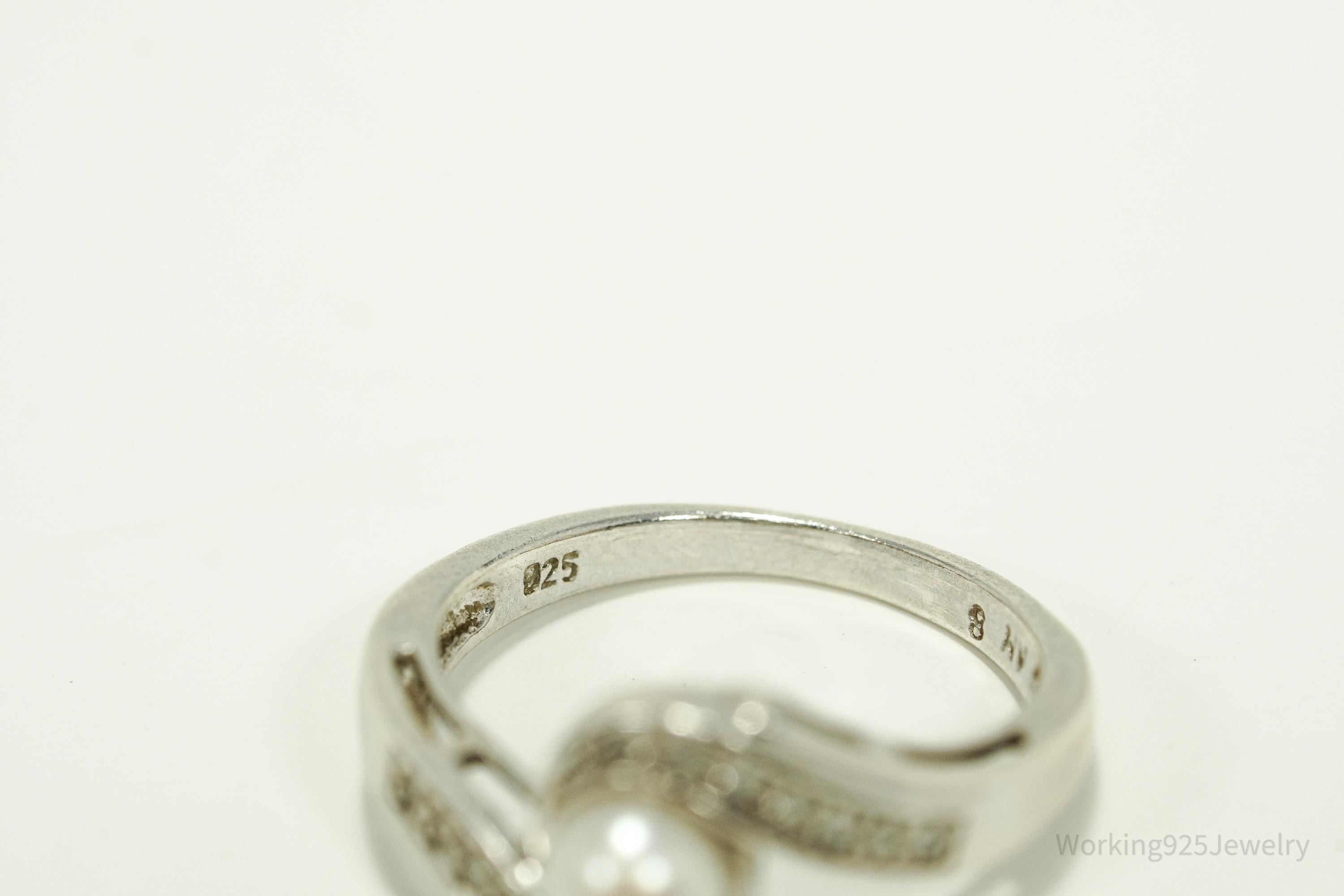 Vintage Pearl & Cubic Zirconia Sterling Silver Ring - Size 8