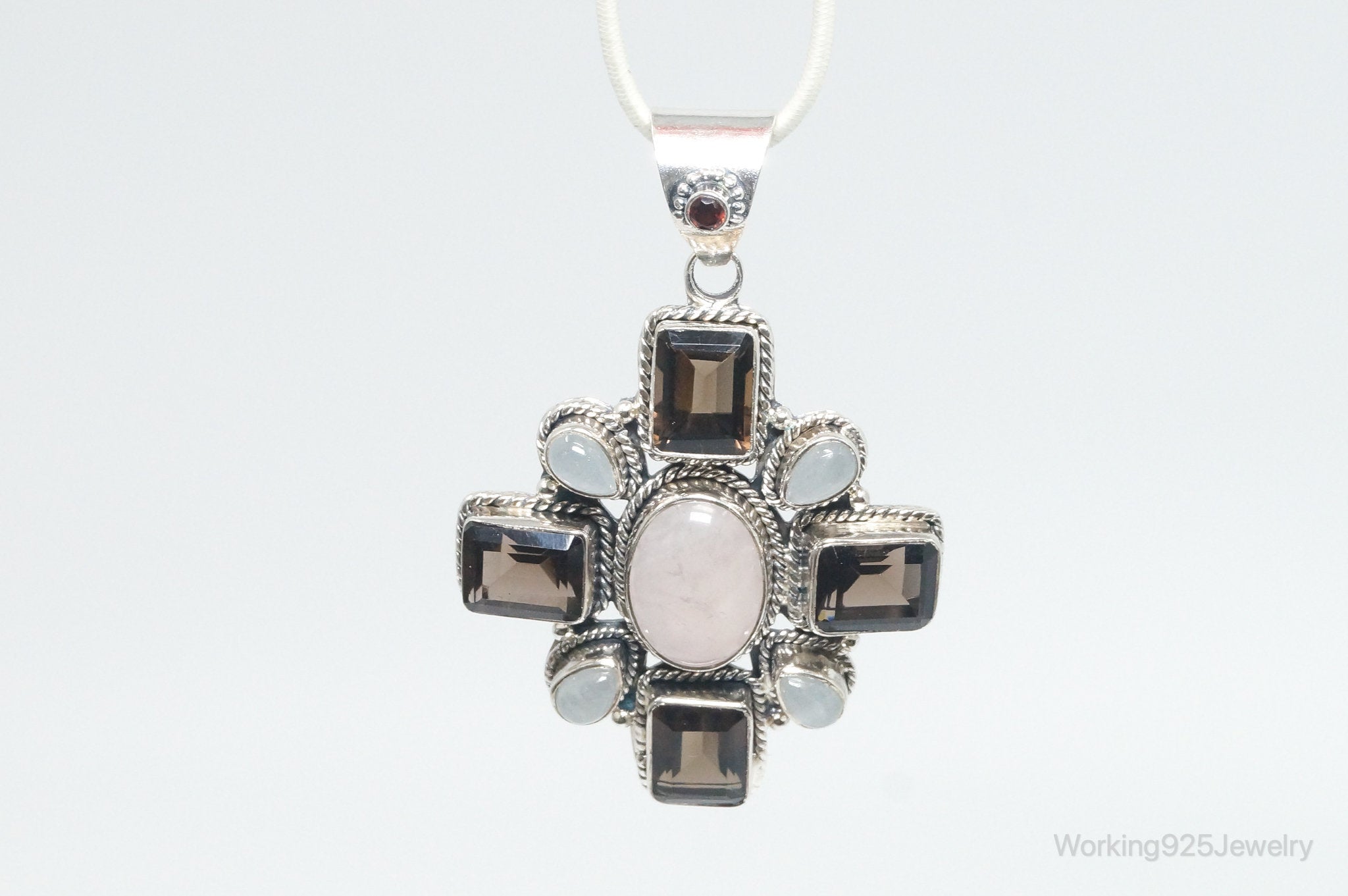 Vintage Smoky Topaz Rose Quartz Southwestern Cross Sterling Silver Pendant