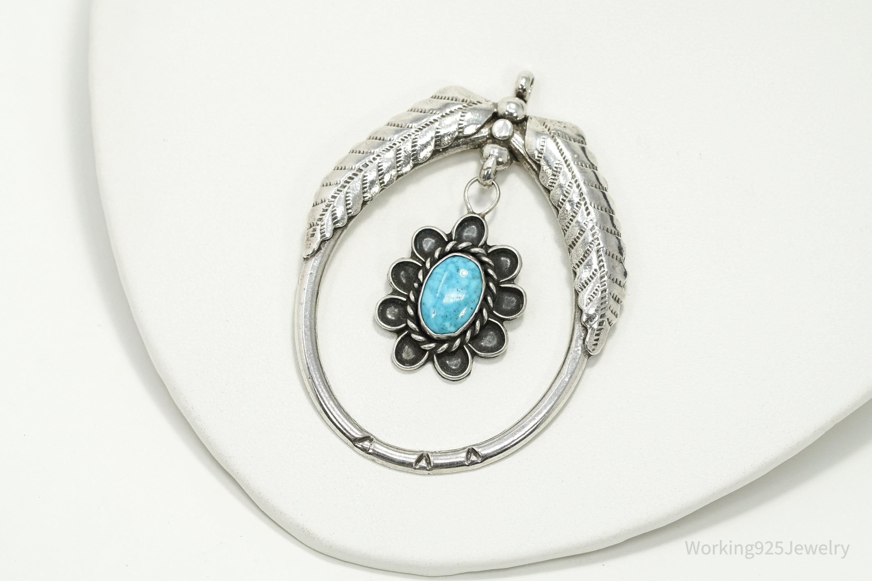 Vintage Mexican Handmade Large Turquoise Sterling Silver Pendant
