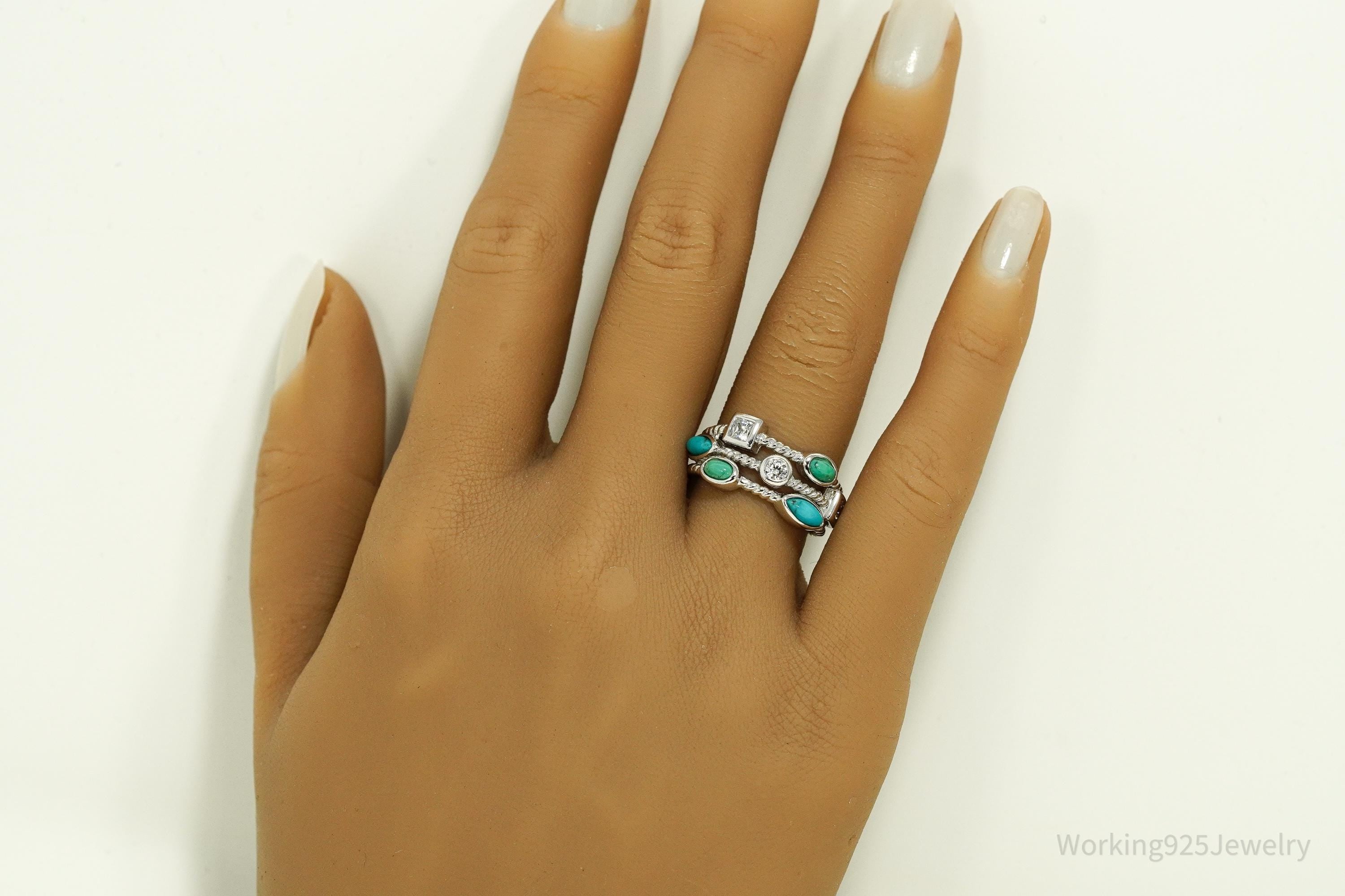 Vintage JOSEPH ESPOSITO ESPO Turquoise & Cubic Zirconia Sterling Silver Ring - Size 7