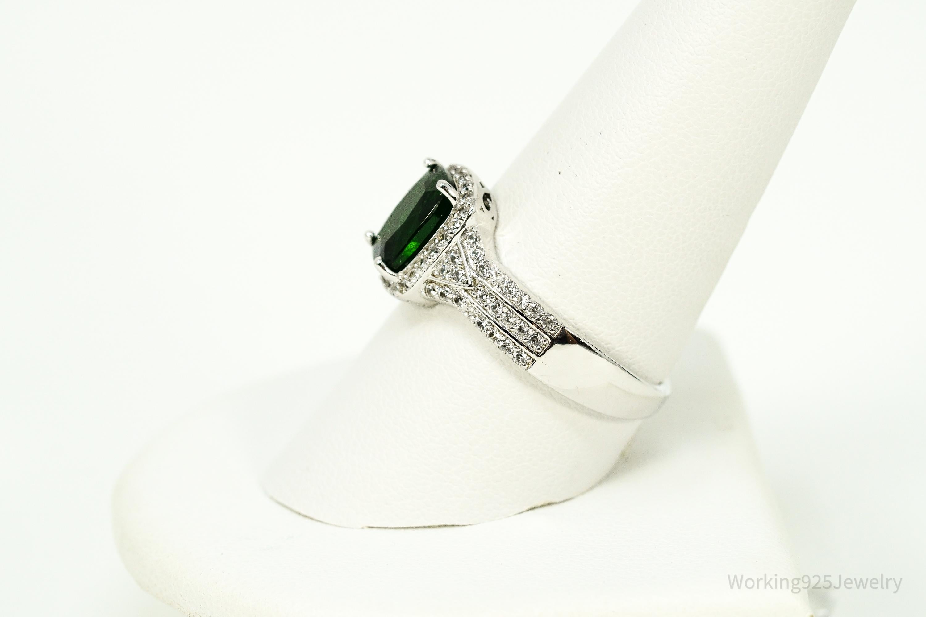 Vintage Emerald & White Topaz Sterling Silver Ring - Size 9.75