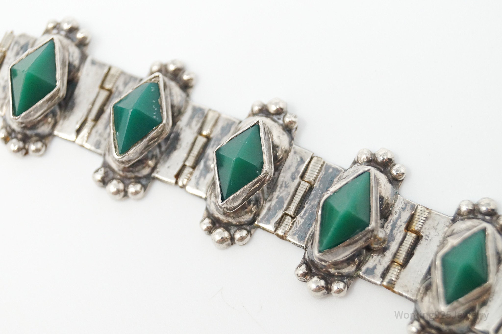 Vintage Mexico Handmade Green Onyx Sterling Silver Panel Bracelet