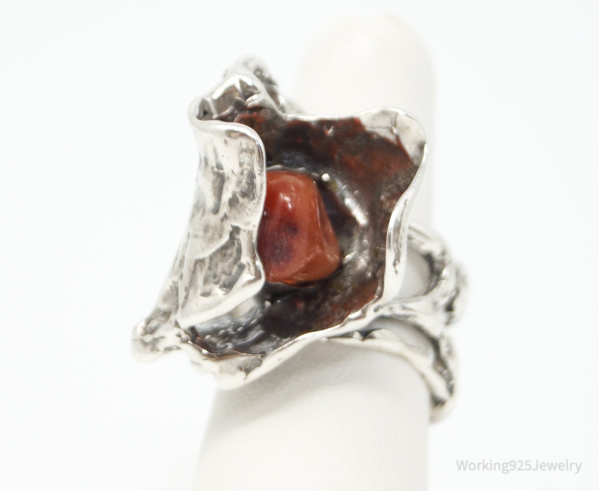 Vintage Red Agate Brutalist Sterling Silver Ring - Sz 7