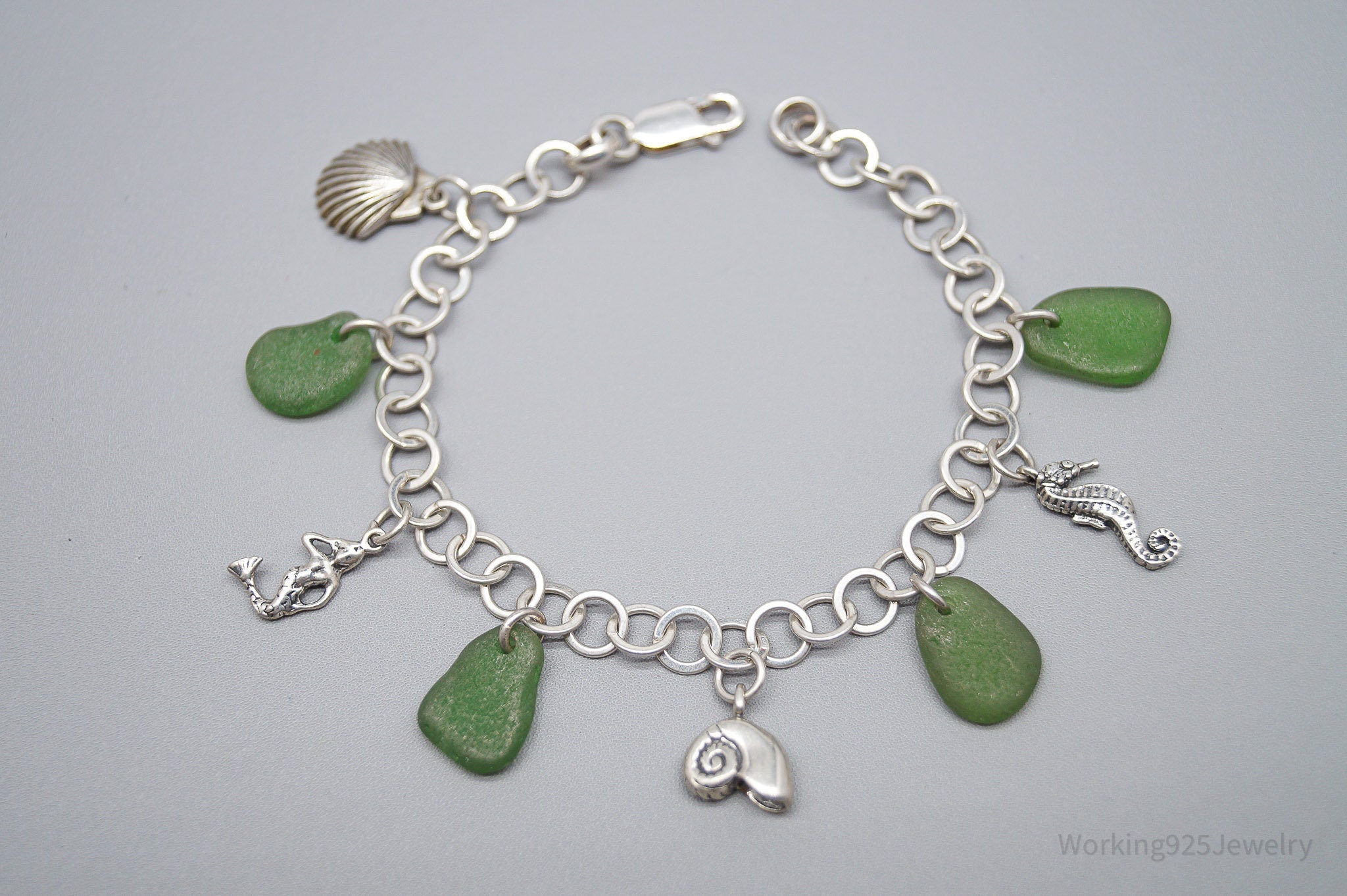 Vintage Ocean & Green Sea Glass Charms Sterling Silver Bracelet - 7.75"