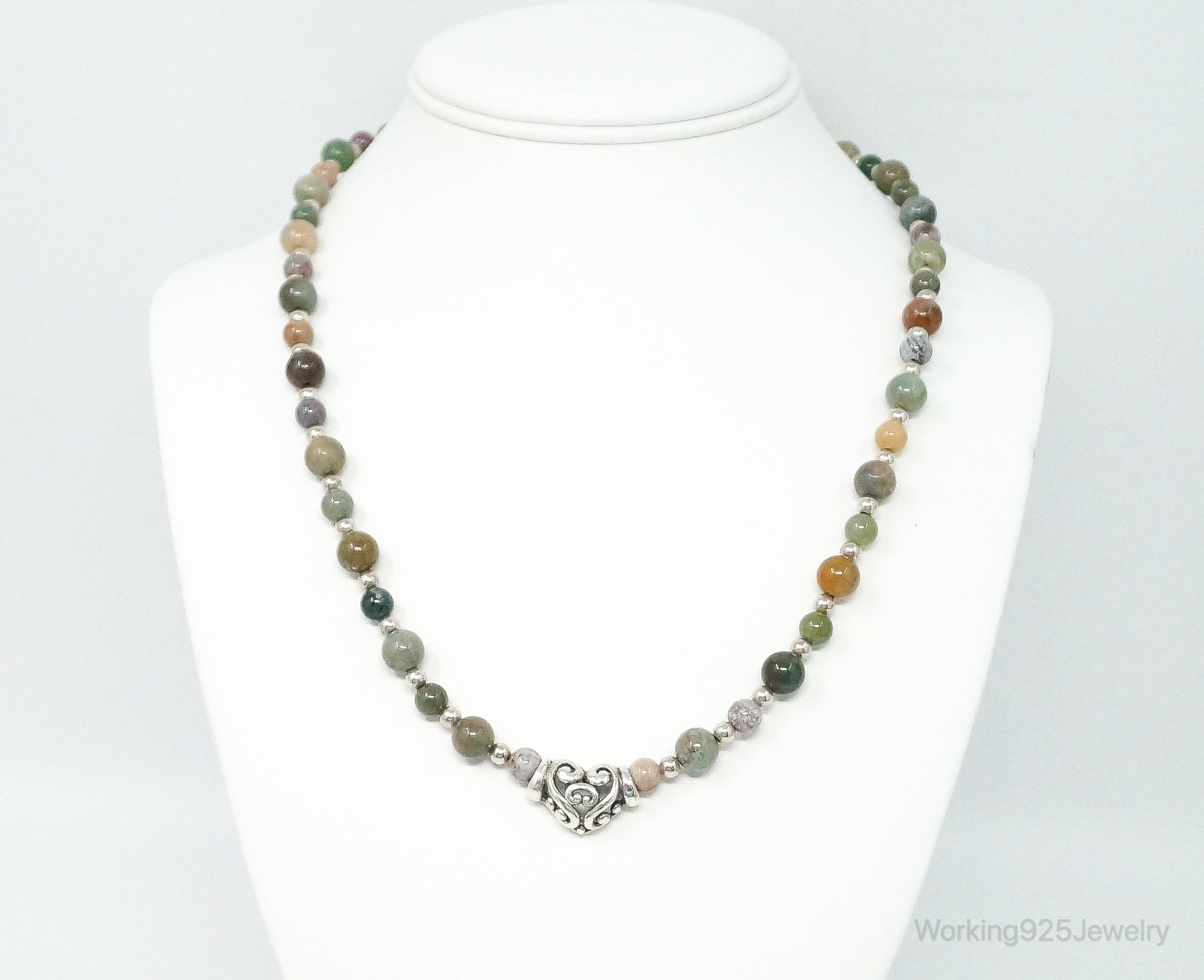 Vintage Multi Gem Agate Jasper Beads Sterling Silver Necklace