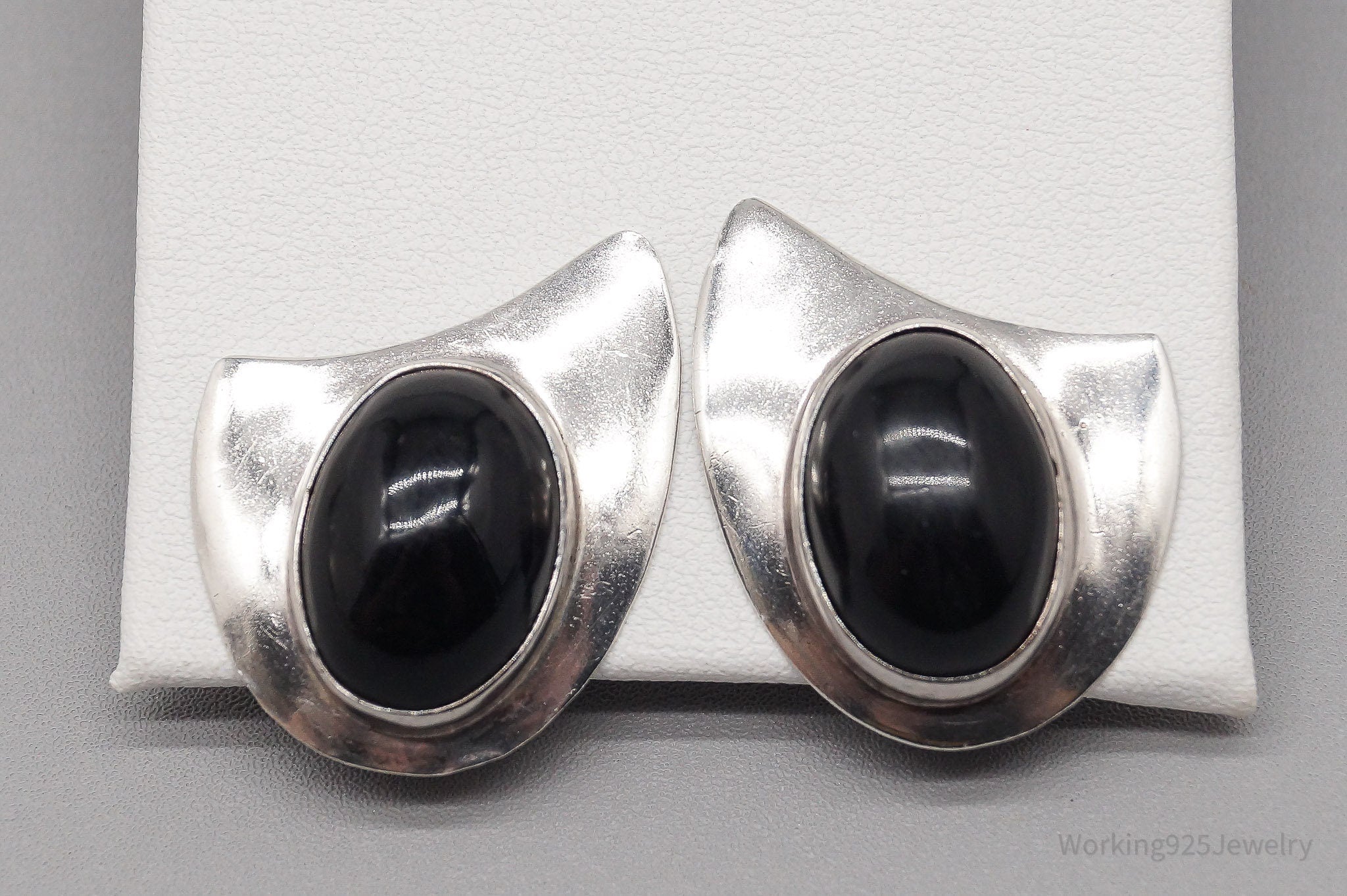 Vintage Large Mexico Modernist Black Onyx Sterling Silver Clip On Earrings