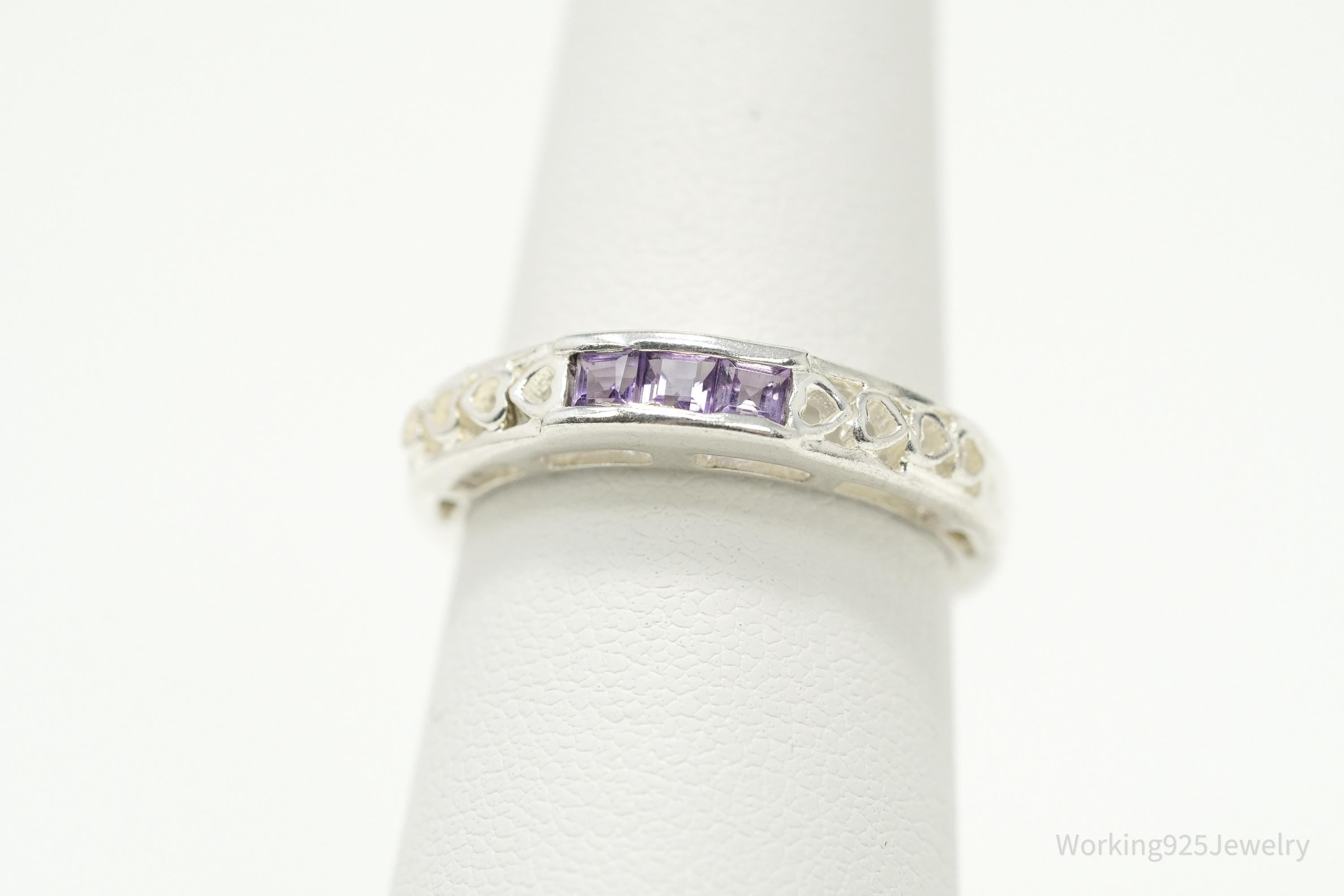 Vintage Purple Amethyst Hearts Pattern Sterling Silver Ring - Size 7