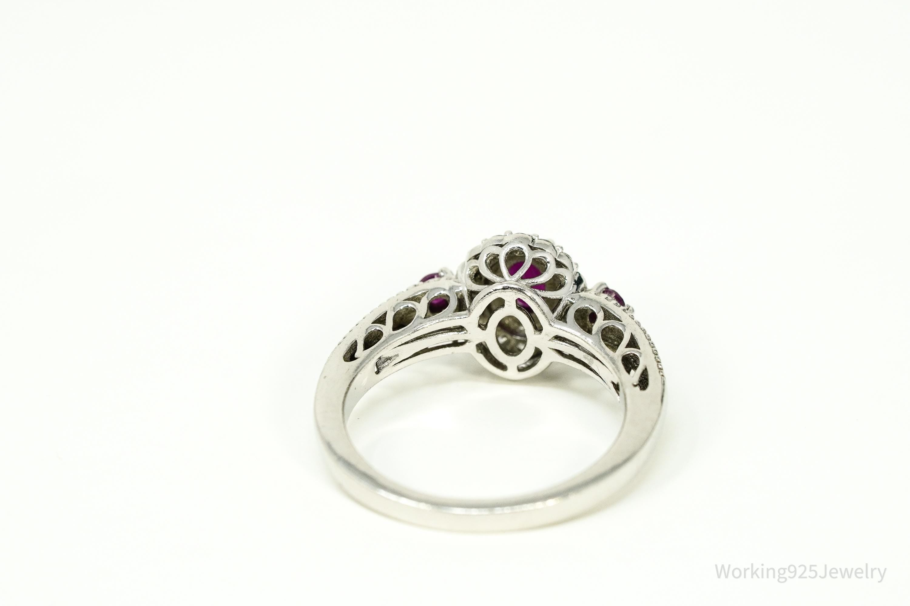 Ruby & White Zircon Sterling Silver Ring - Size 8.75