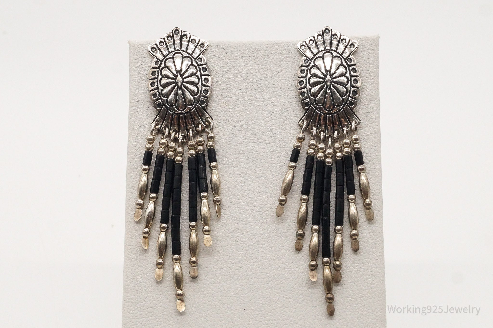 Vintage Native American QT Quoc Black Onyx Sterling Silver Earrings