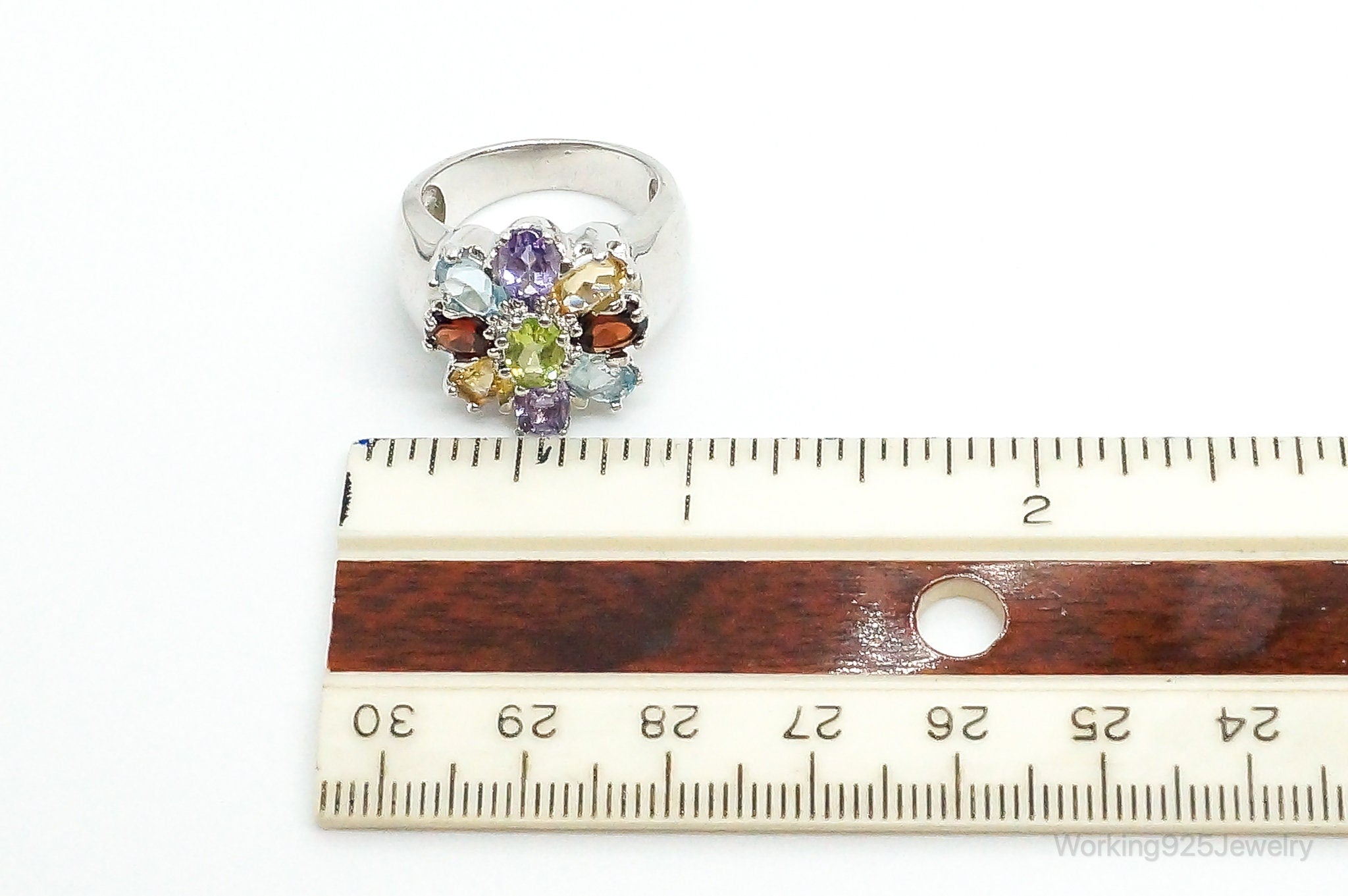 Vintage Multi Gem Sterling Silver Flower Ring - Size 7