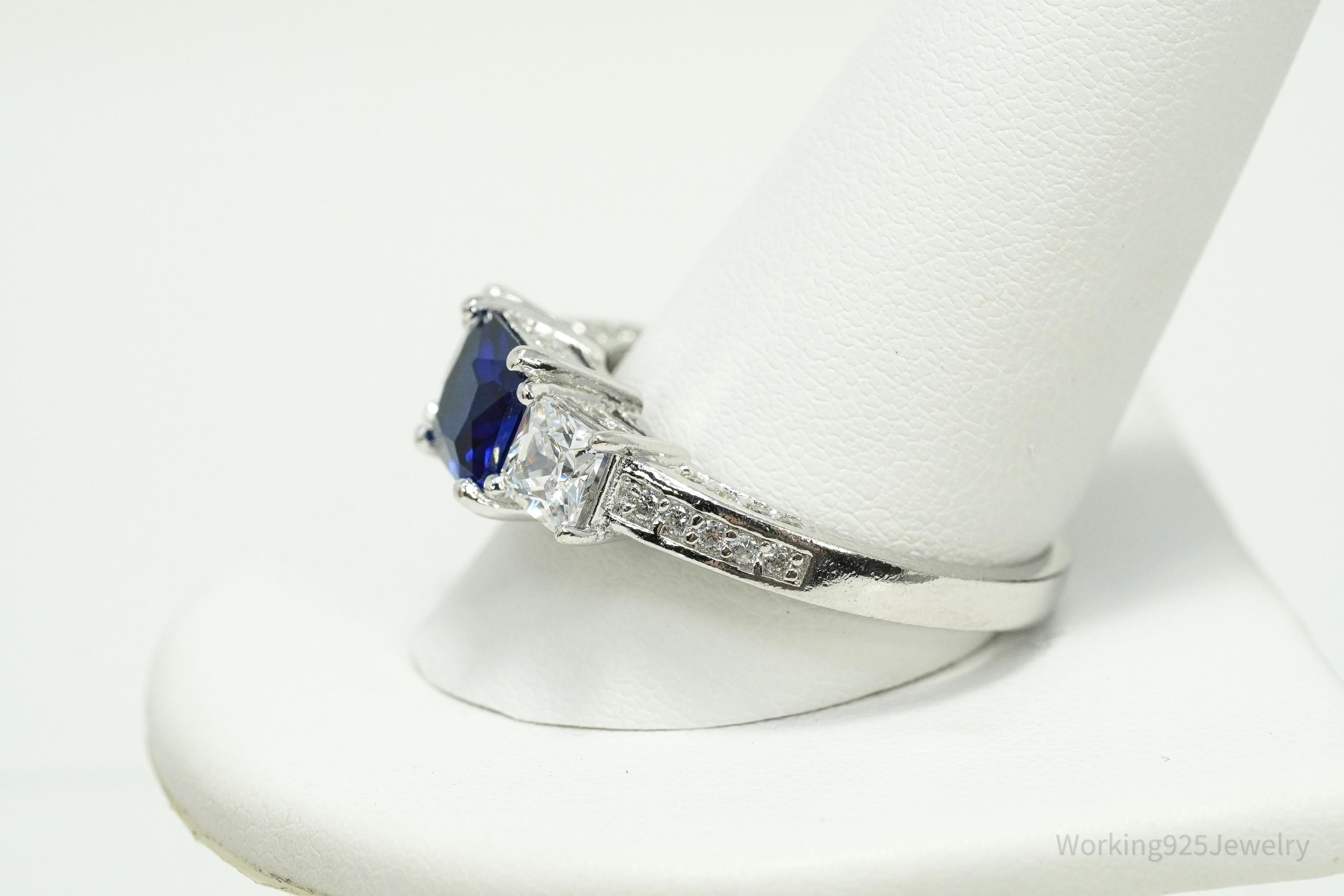 Vintage Lab Sapphire & Cubic Zirconia Sterling Silver Ring - Size 12.25