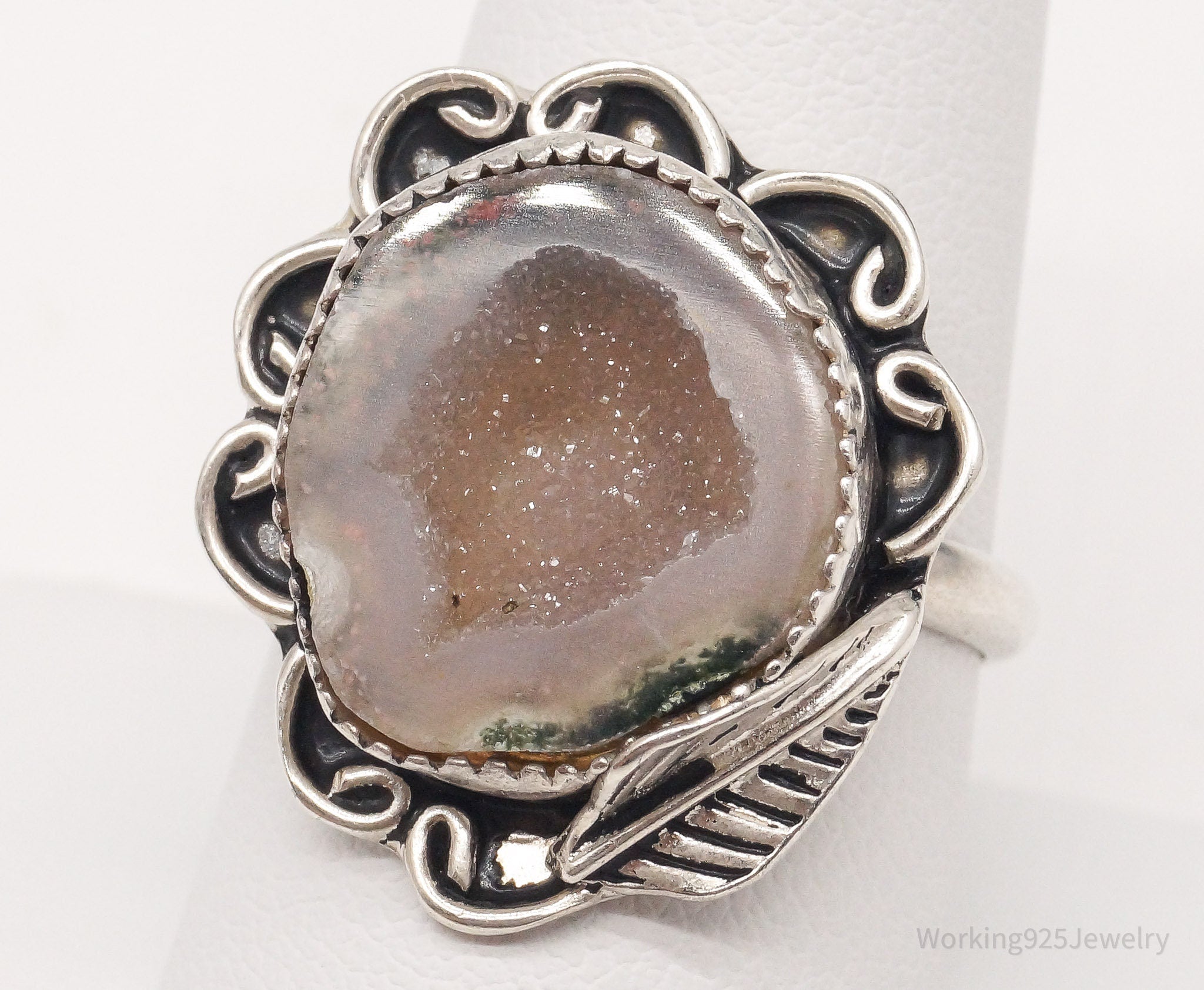 Vintage Druzy Agate Sterling Silver Ring - Size 9.5 Adjustable