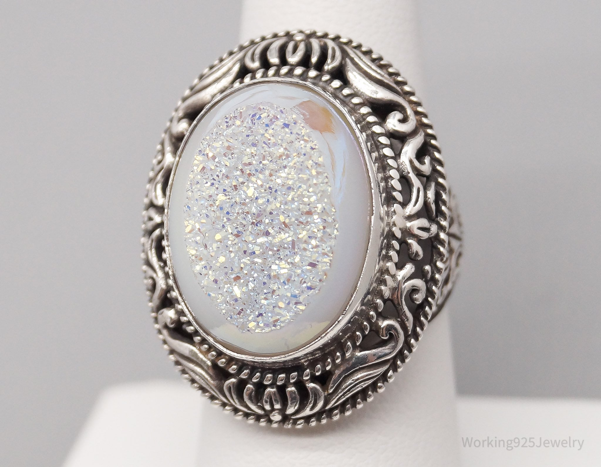 Vintage Large White Druzy Quartz Sterling Silver Ring - Size 7.25