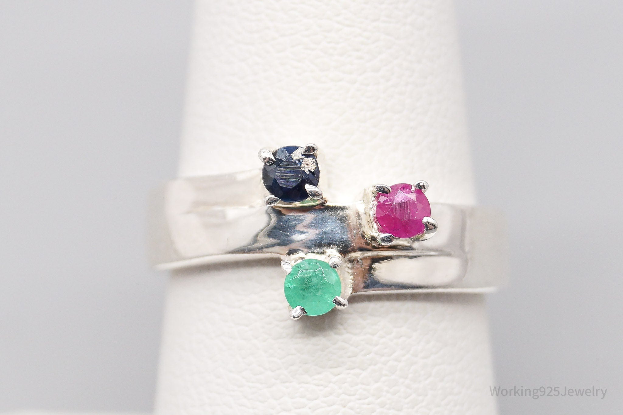Vintage Ruby Emerald Sapphire Sterling Silver Ring - Size 7