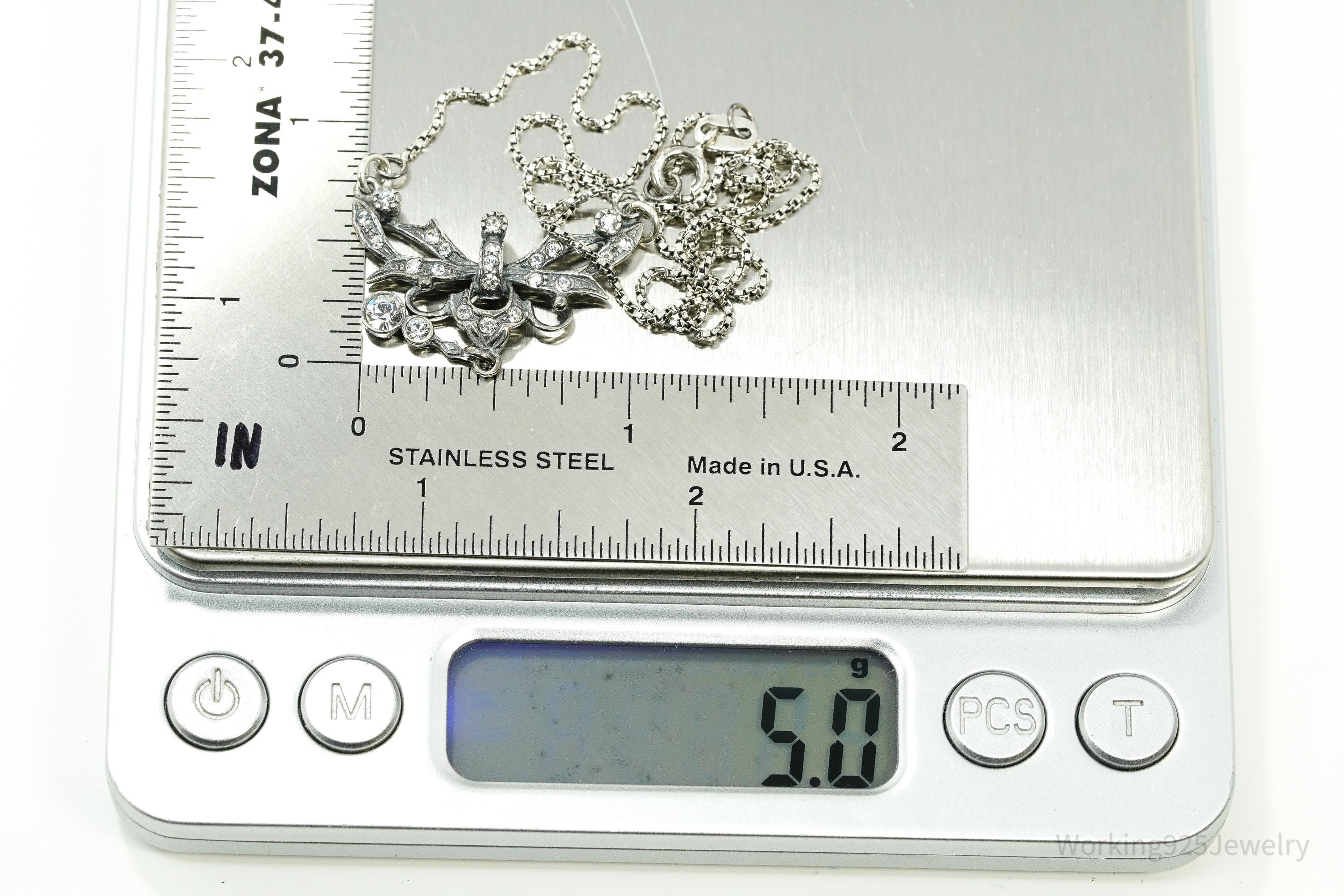 Vintage Art Nouveau Style Crystal Sterling Silver Necklace 15"