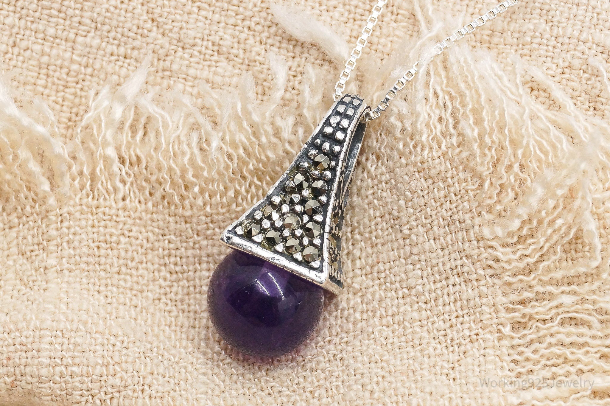 Vintage Amethyst Marcasite Sterling Silver Necklace 18"