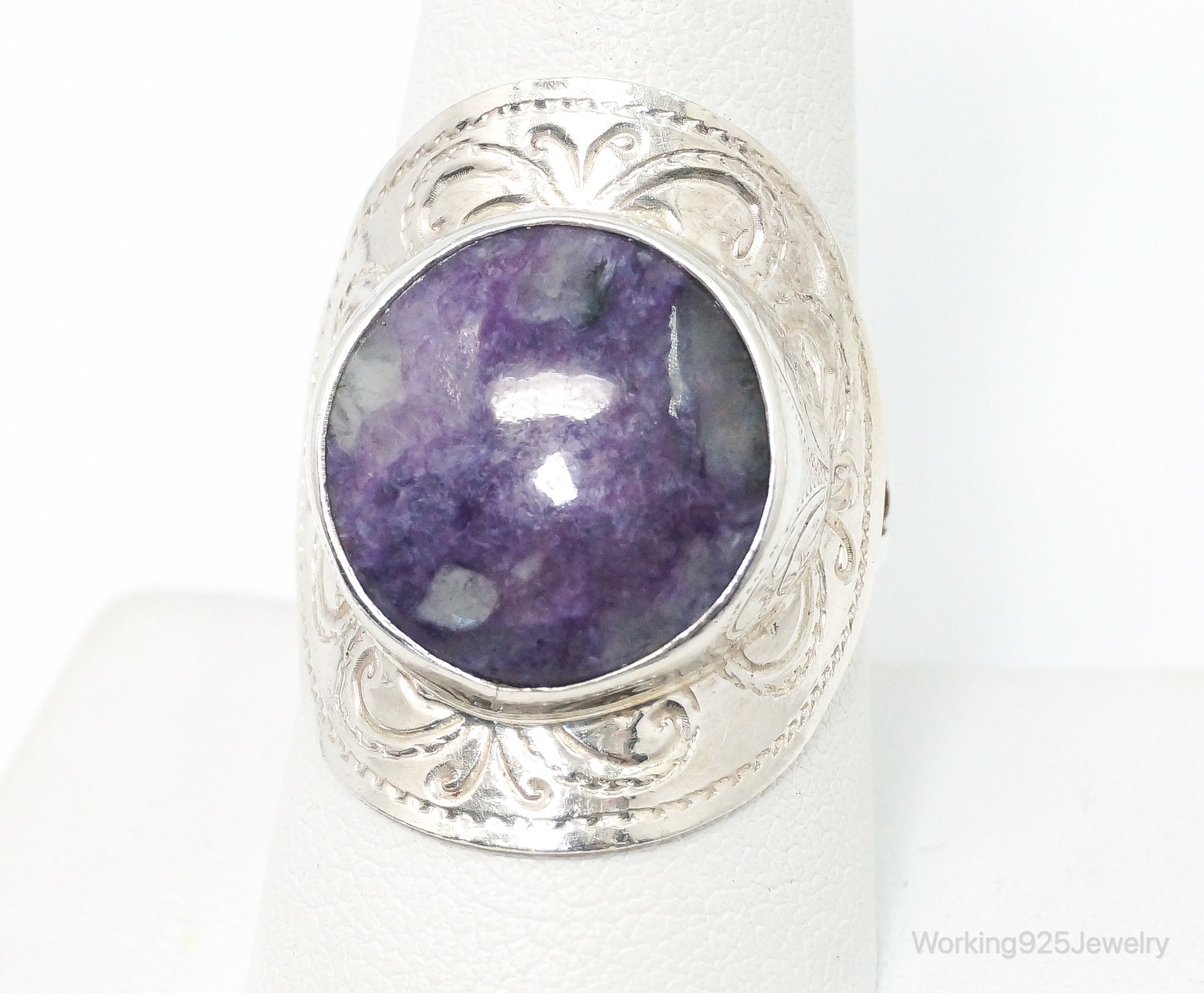 Vintage Mexico Designer Merav Large Charoite Sterling Silver Ring - SZ 9