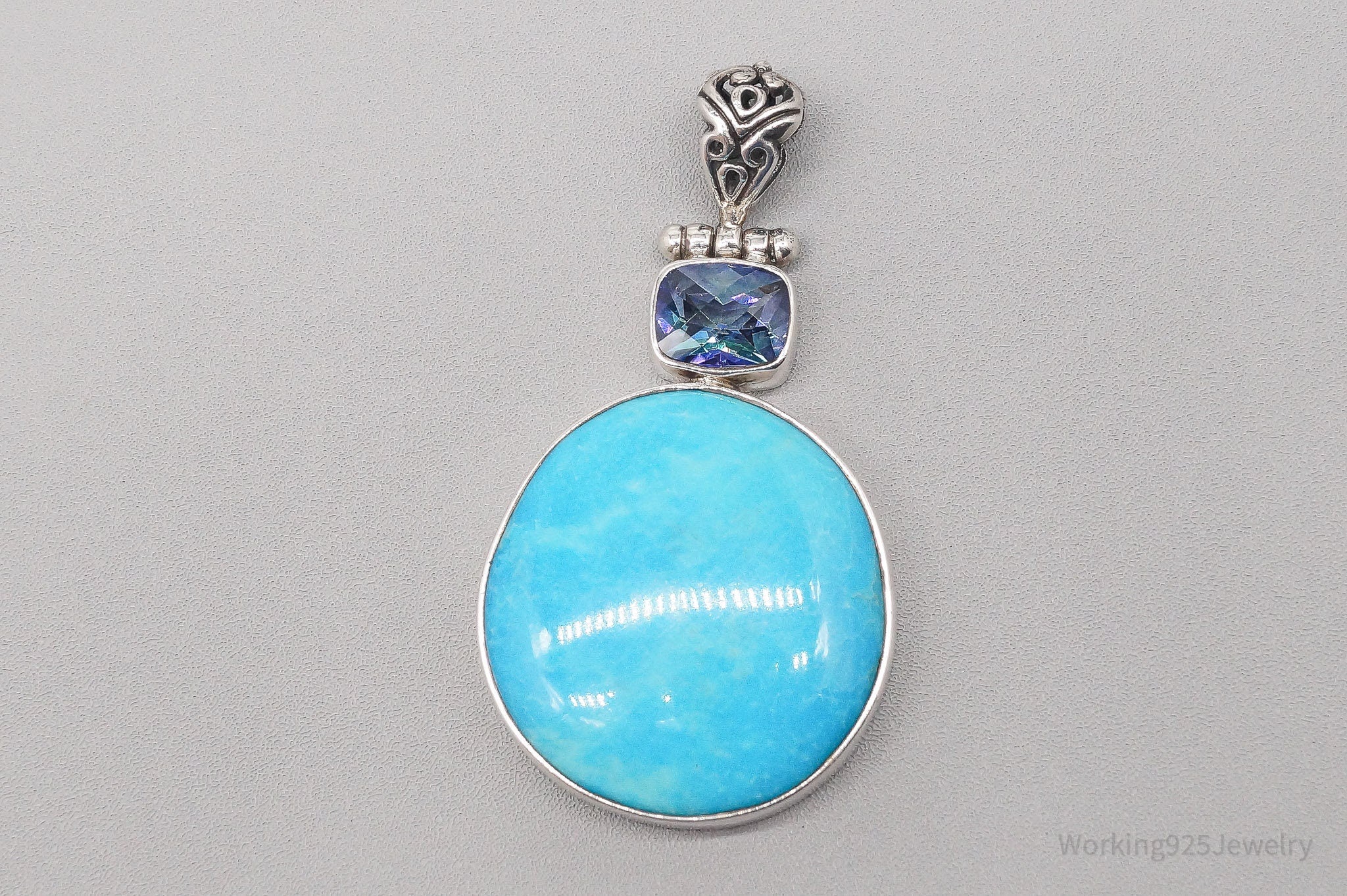 Vintage Large Amazonite Mystic Topaz Sterling Silver Pendant