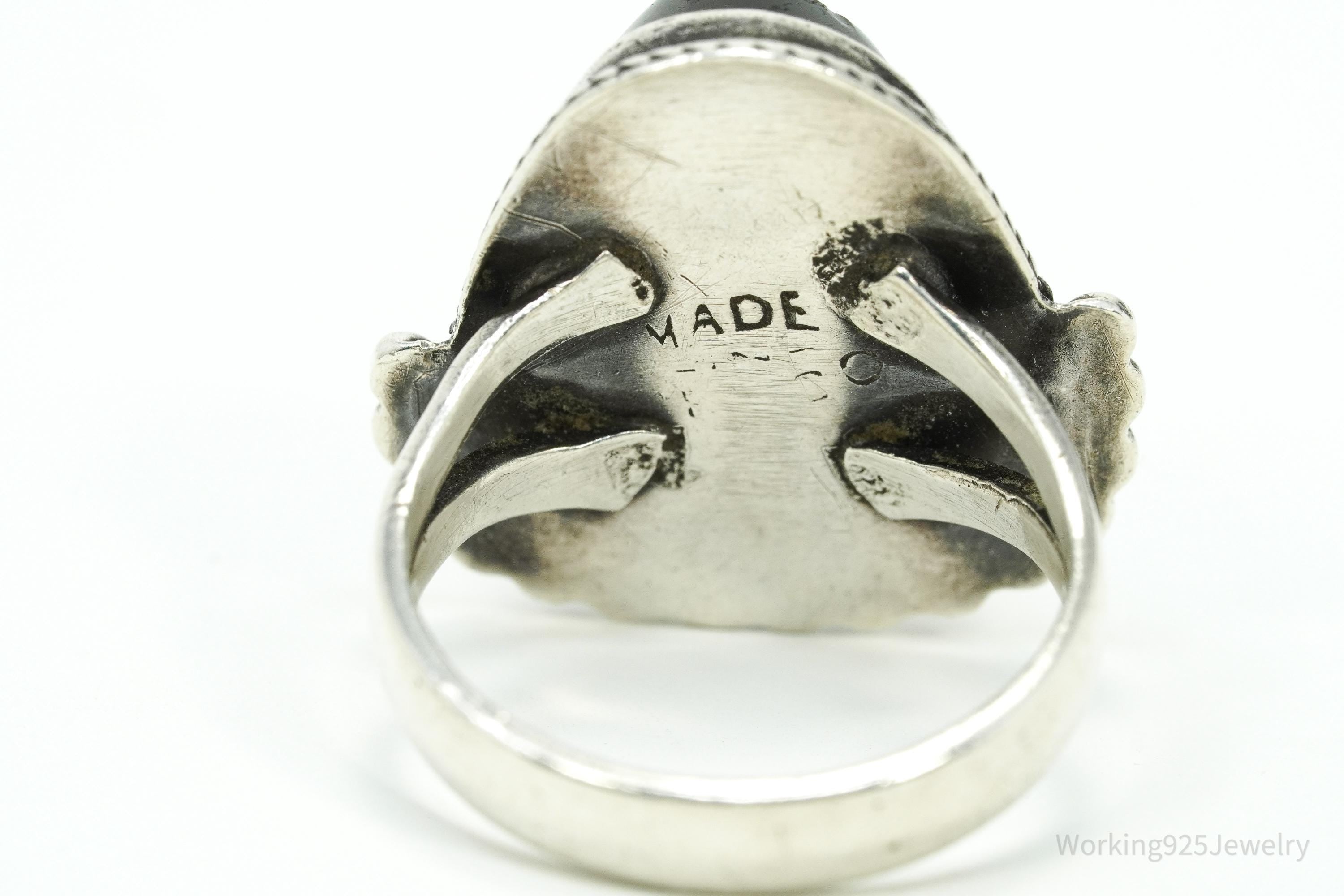 Vintage Mexican Carved Black Onyx Mask Silver Ring - Size 7.75