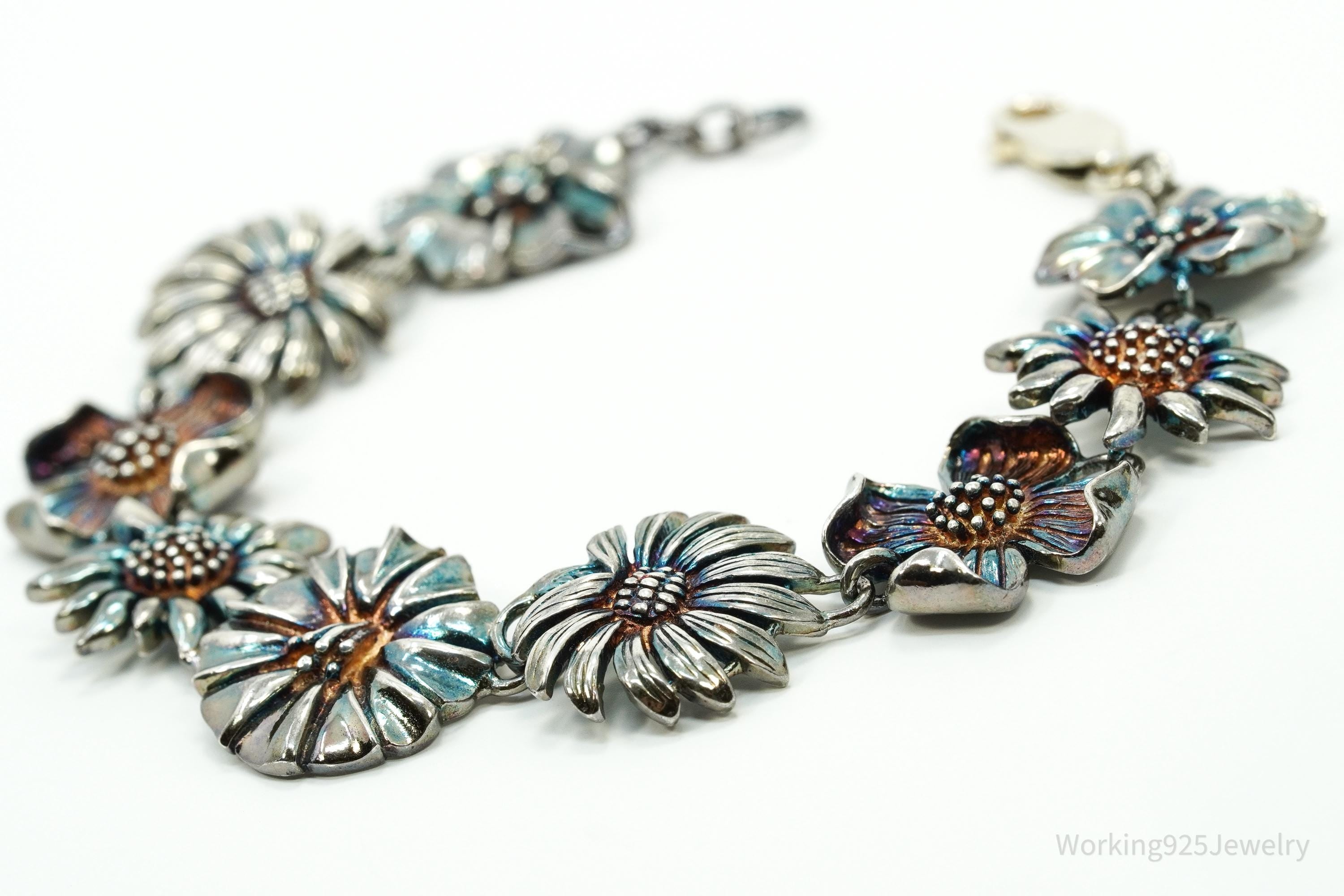 Vintage Flowers Sterling Silver Bracelet 7.5"