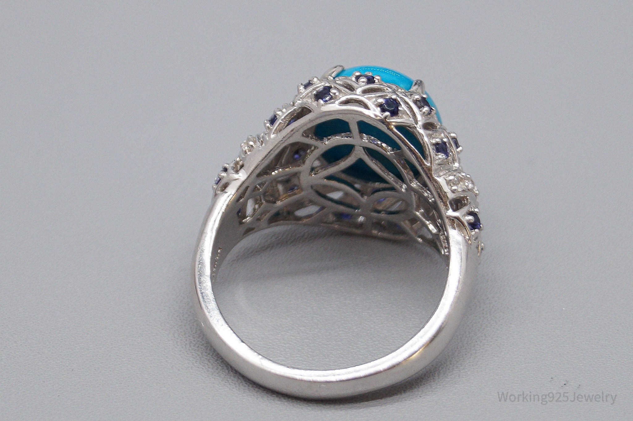 Vintage Turquoise Iolite Cubic Zirconia Sterling Silver Ring - Size 10