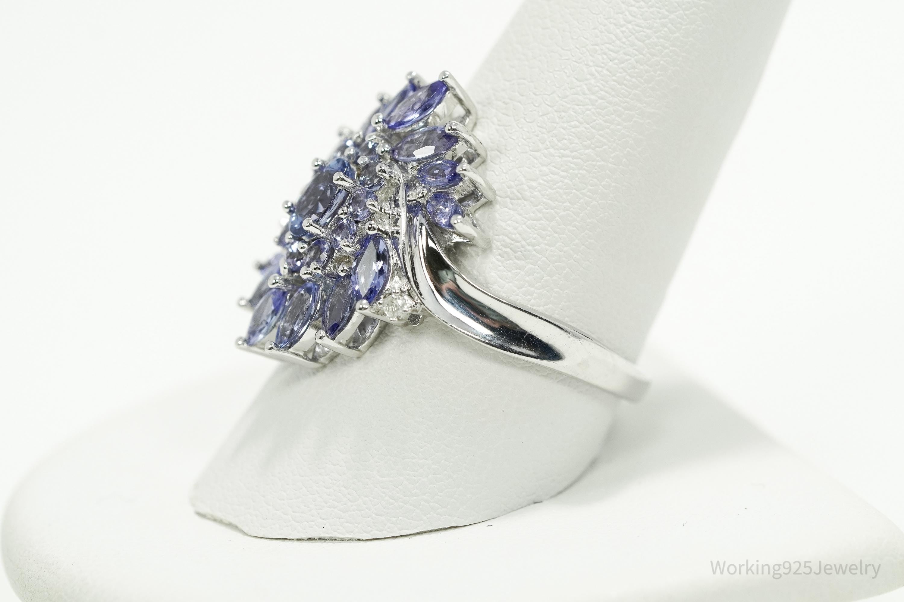 Designer JS Tanzanite & Diamond Sterling Silver Ring Size 10.25