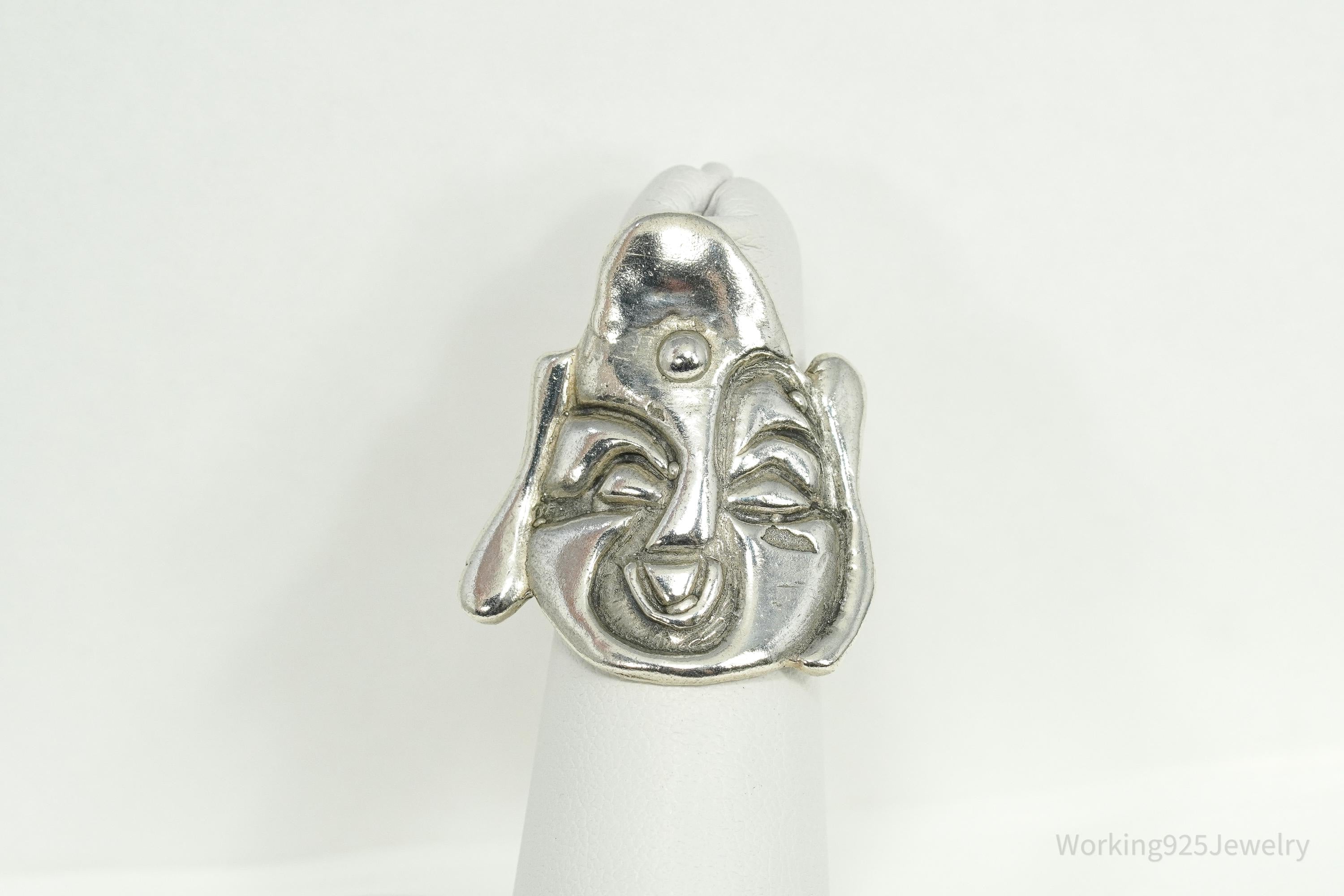 Vintage Large Buddha Head Silver Ring - Size 4.5
