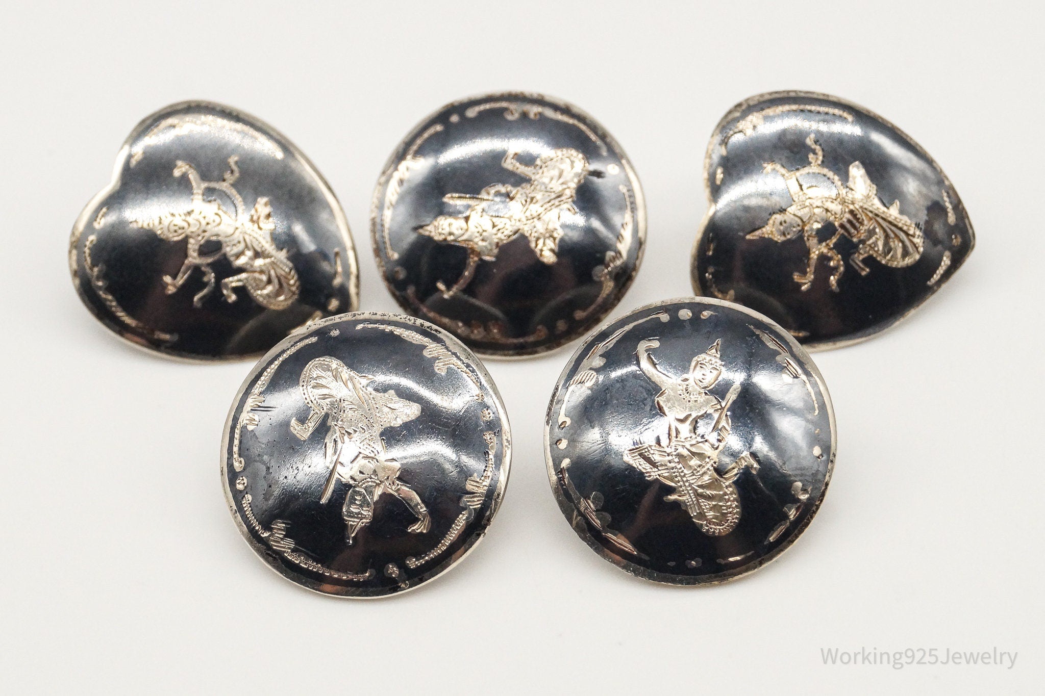 Vintage Siam Black Enamel Lightening Dancers Sterling Silver Buttons