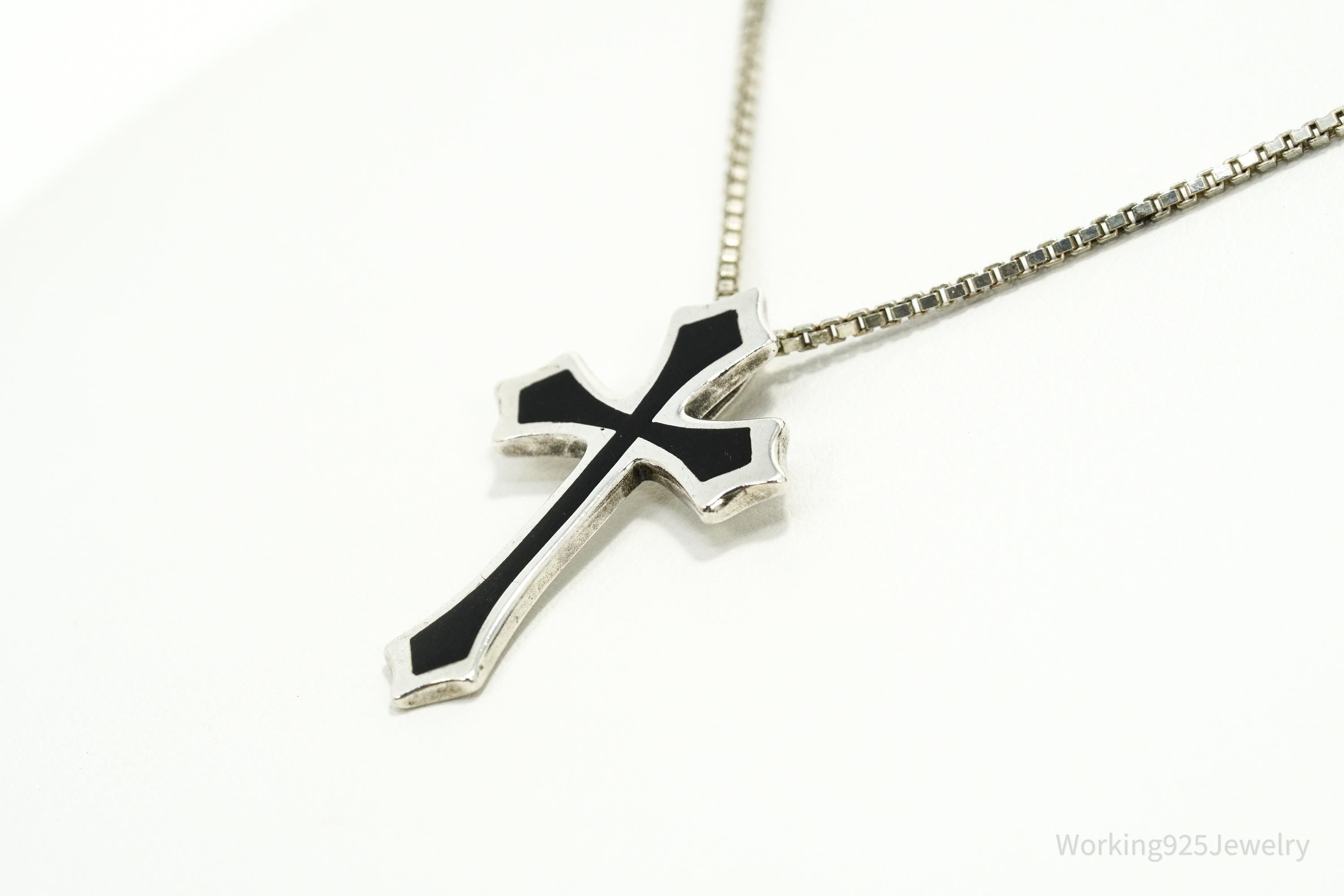 Vintage Black Enamel Inlay Sterling Silver Cross Necklace - 19"
