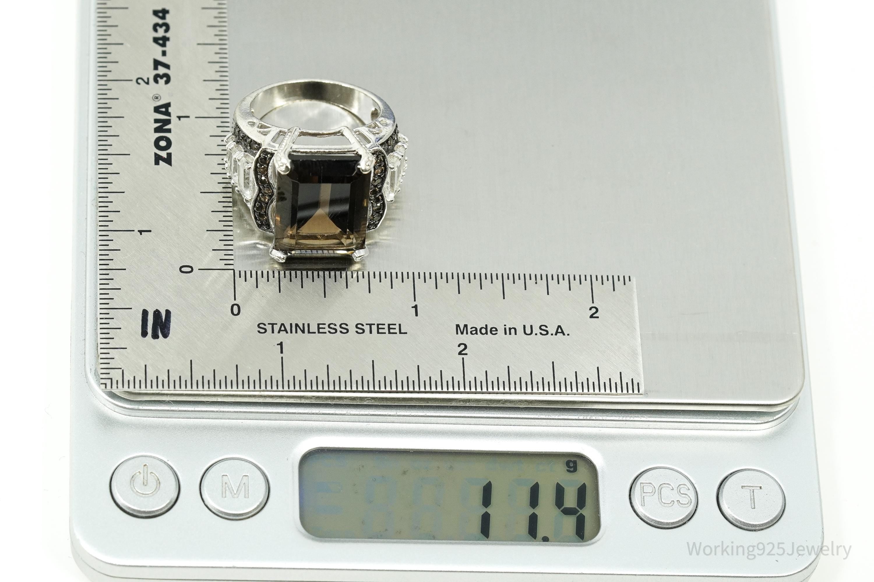 Vintage Large Smoky Quartz & White Topaz Sterling Silver Ring - Size 8