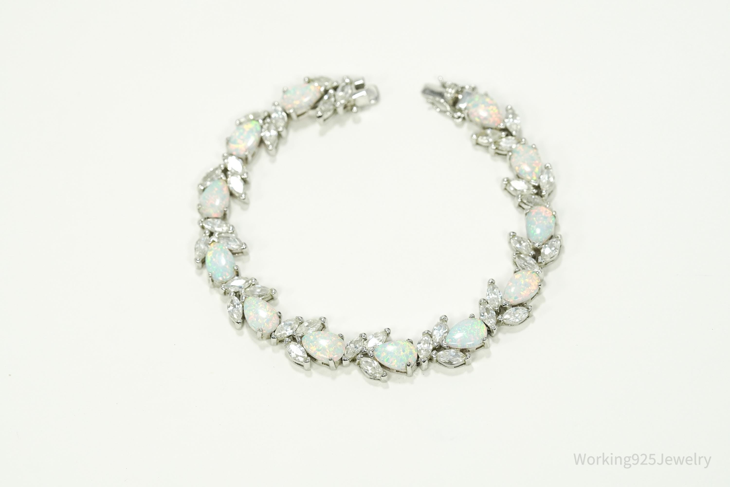 Vintage Opal & Cubic Zirconia Sterling Silver Bracelet 7 3/8"