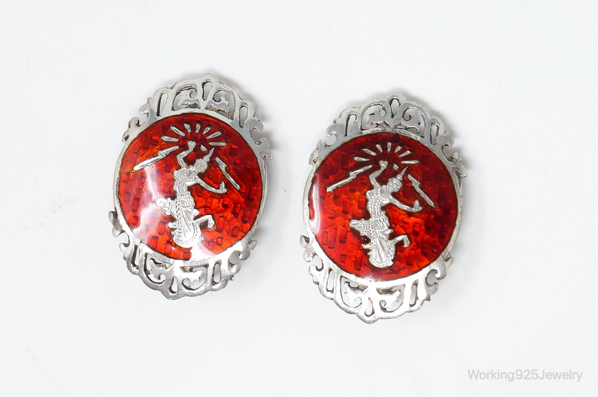 Vintage SIAM Red Enamel Lightening Dancer Sterling Silver Clip On Earrings