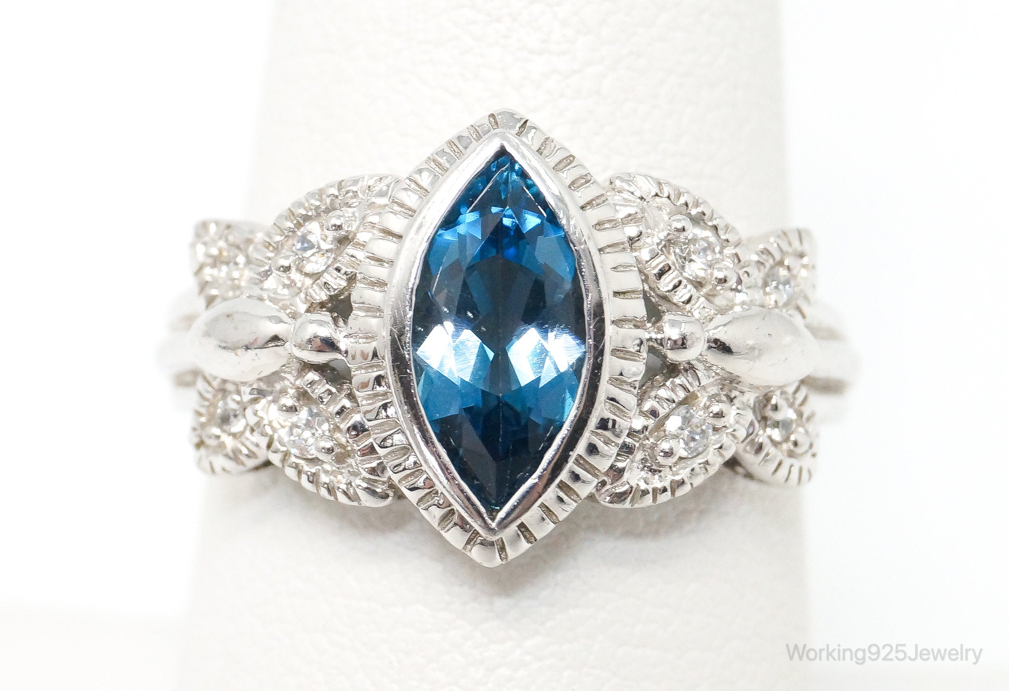 Vintage London Blue Topaz Cubic Zirconia Ring Sterling Silver - Size 7.75