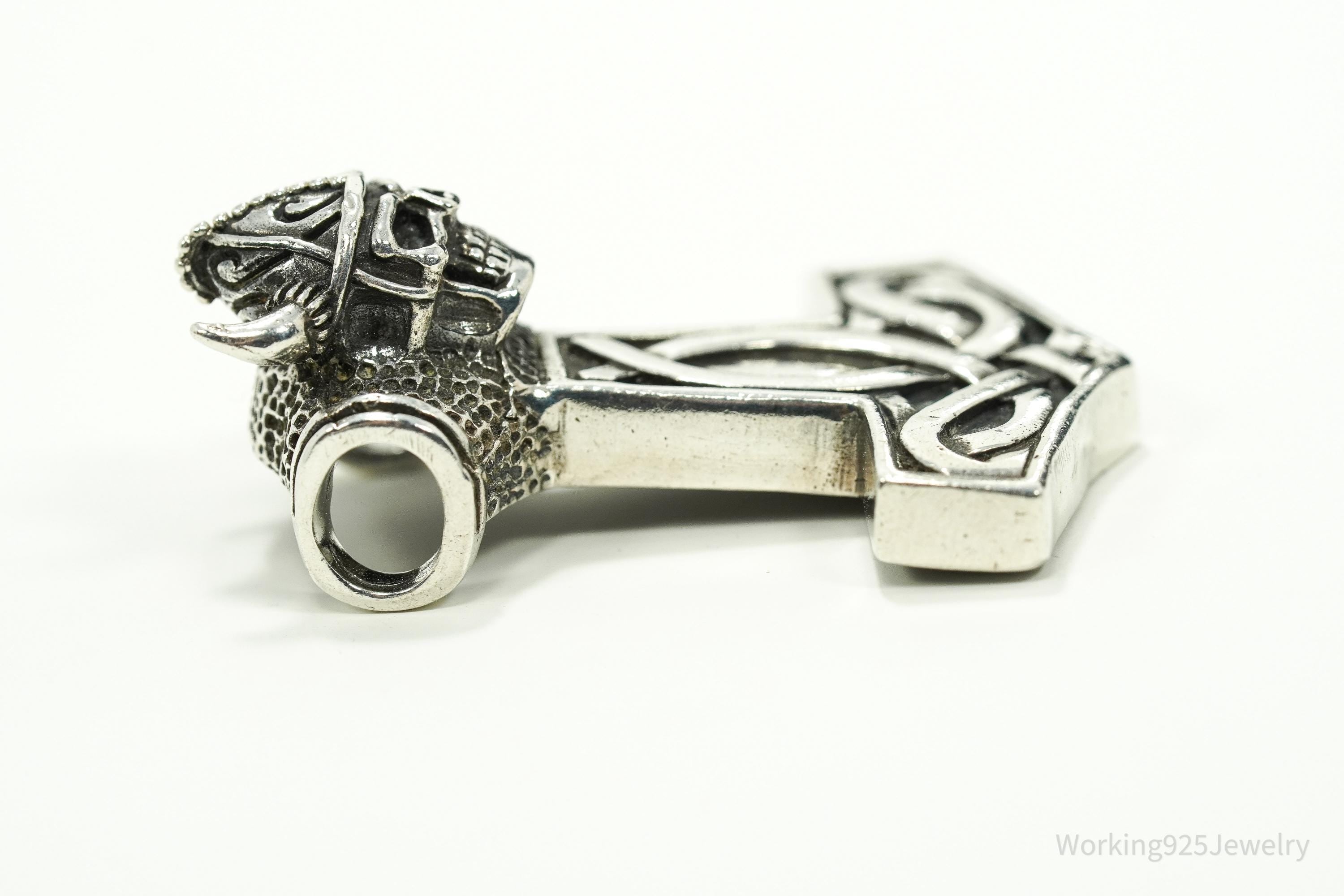 Vintage Large Thor's Hammer Sterling Silver Necklace Pendant