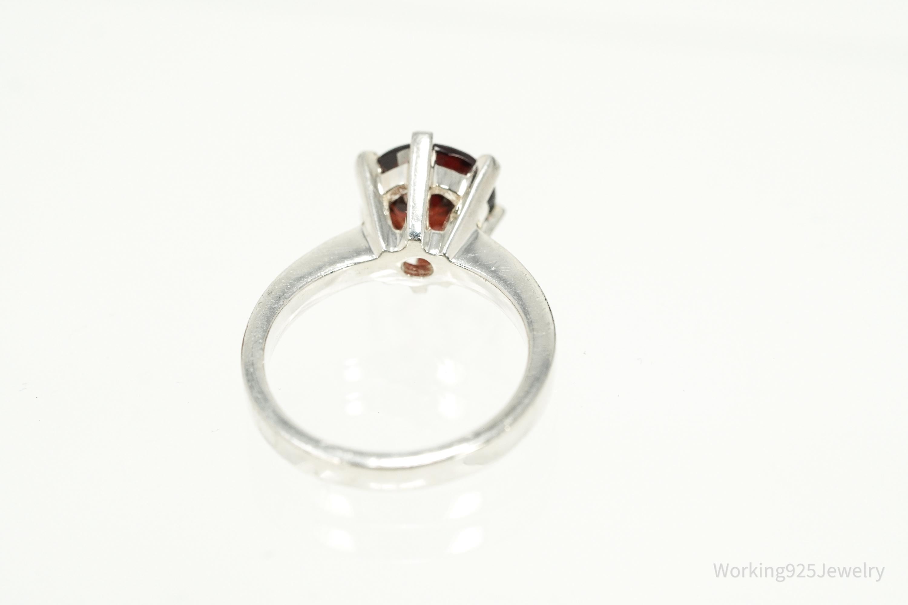 Vintage Sterling Silver Ring • Round Garnet Solitaire Gemstone Size 5