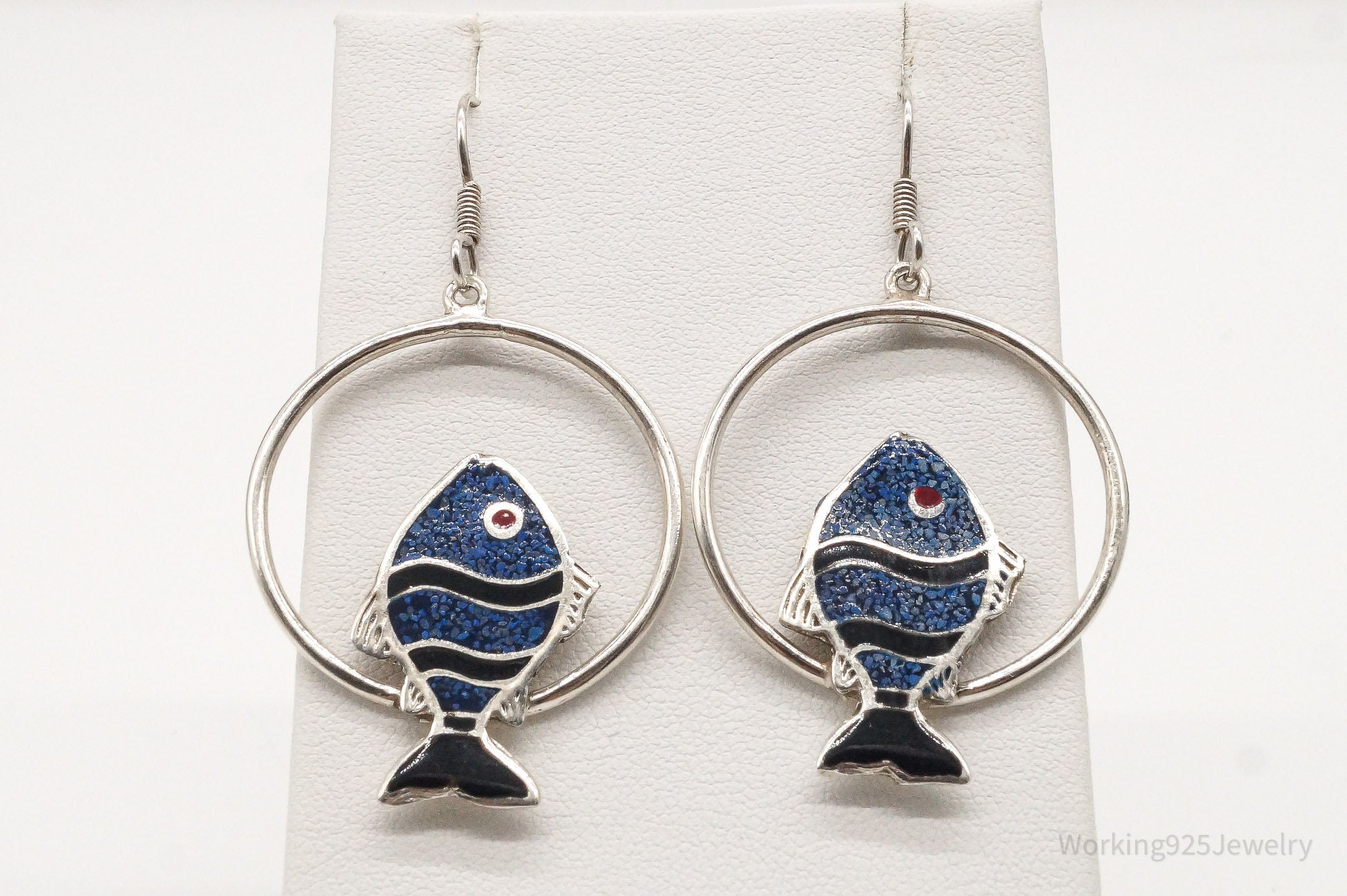 Vintage Mexico Lapis Lazuli Coral Black Onyx Fish Sterling Silver Earrings