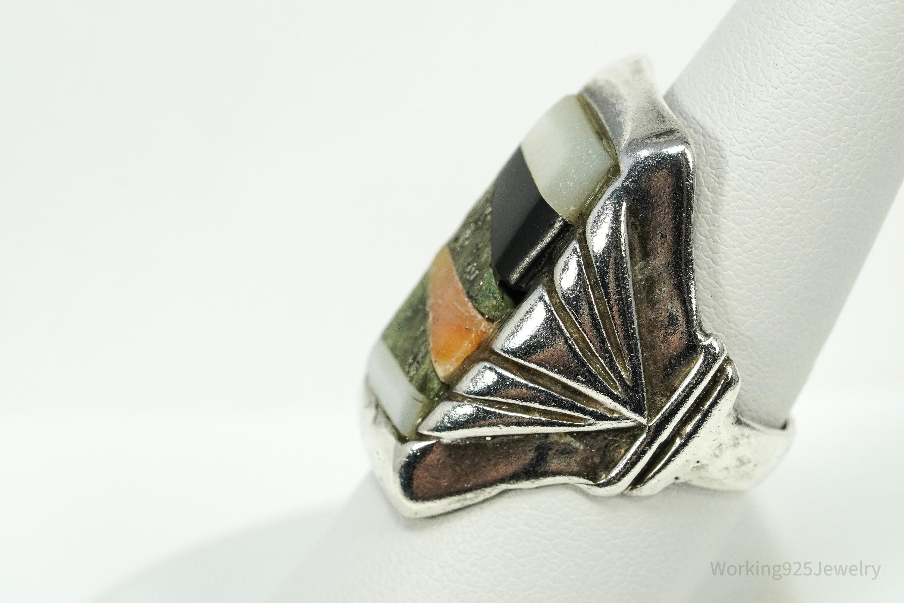 Vintage Handmade Native American Multi Gem Inlay Silver Ring - Size 8.5