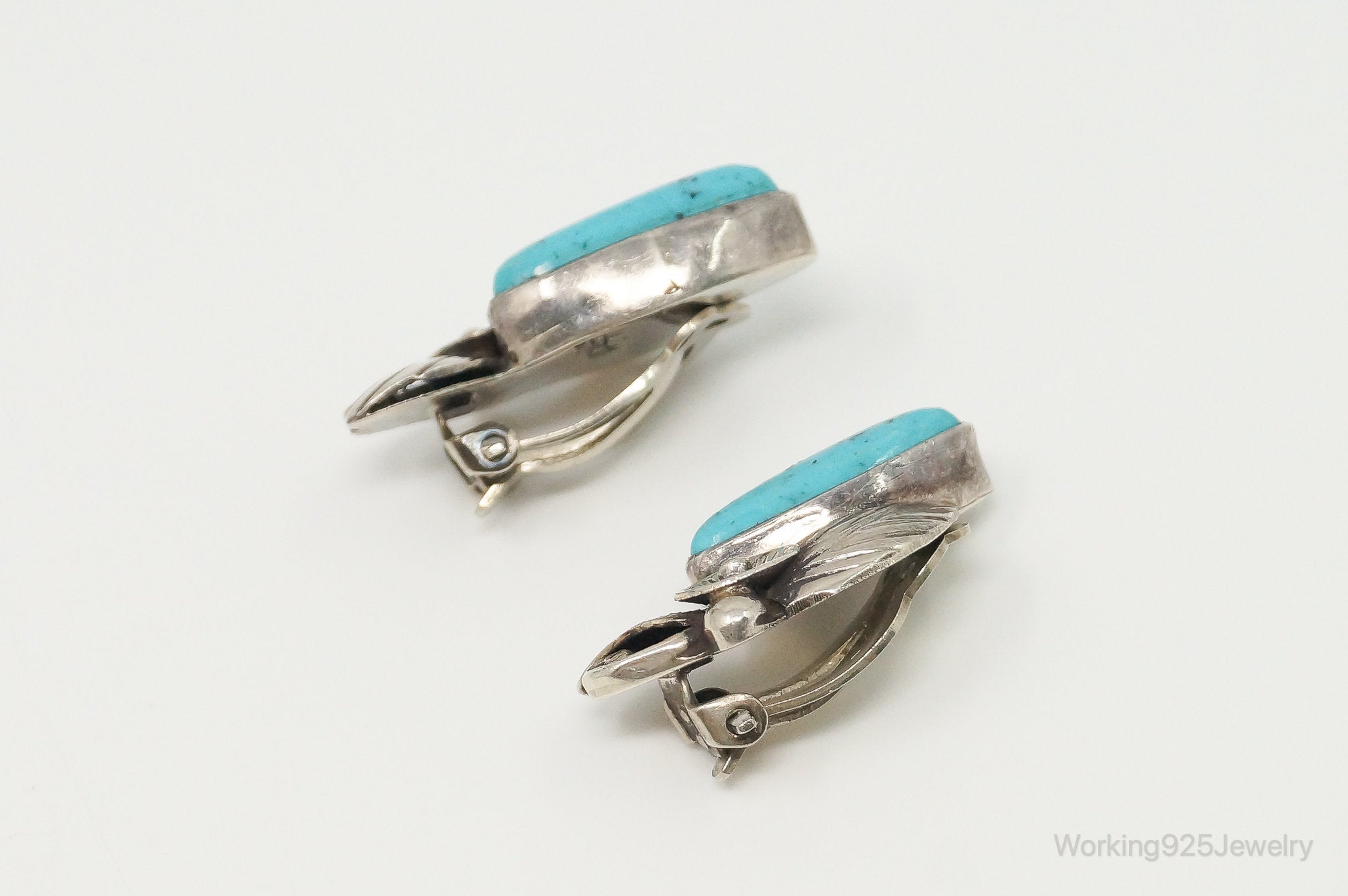 Vintage Native American Milton Lee Turquoise Sterling Silver Clip On Earrings