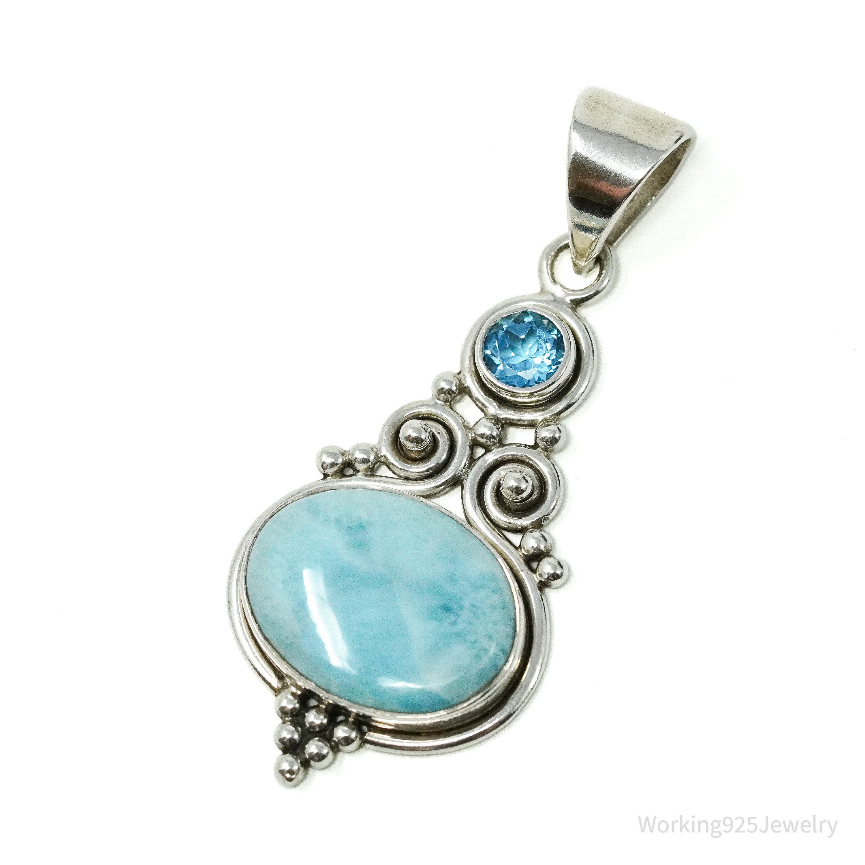 Vintage Designer SJ Blue Larimar & Blue Topaz Sterling Silver Pendant