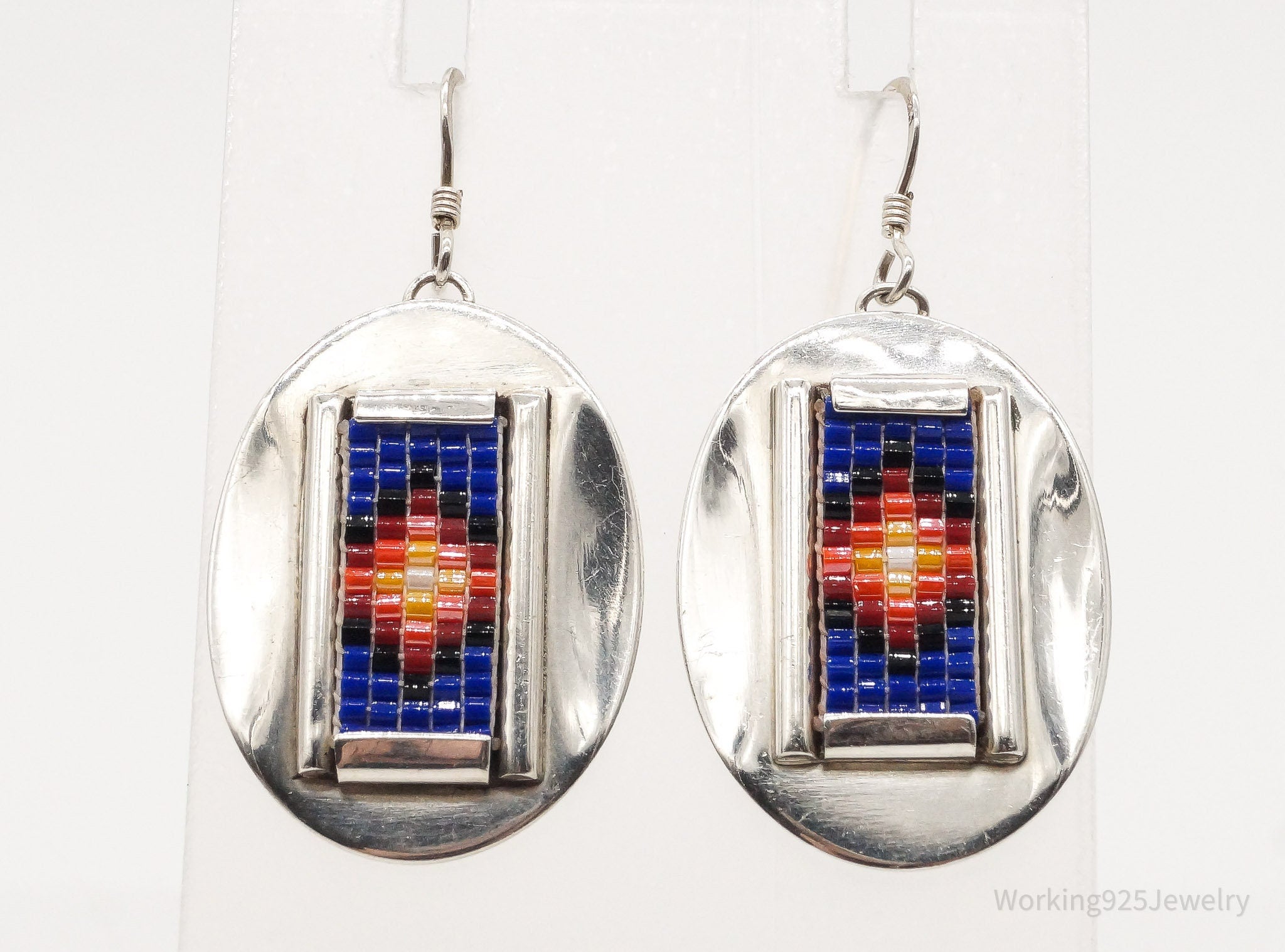 Vintage Native American Bead Inlay Sterling Silver Earrings