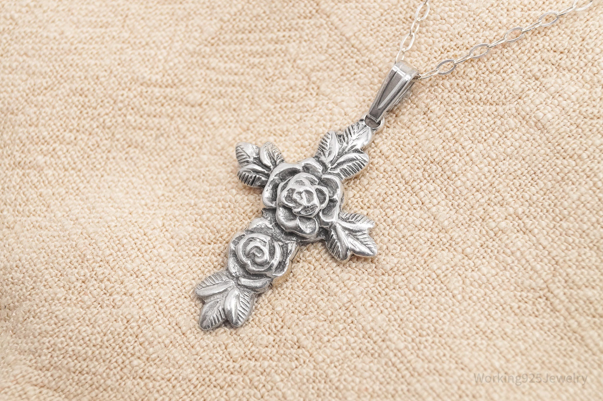 Vintage Rose Cross Sterling Silver Necklace 17"