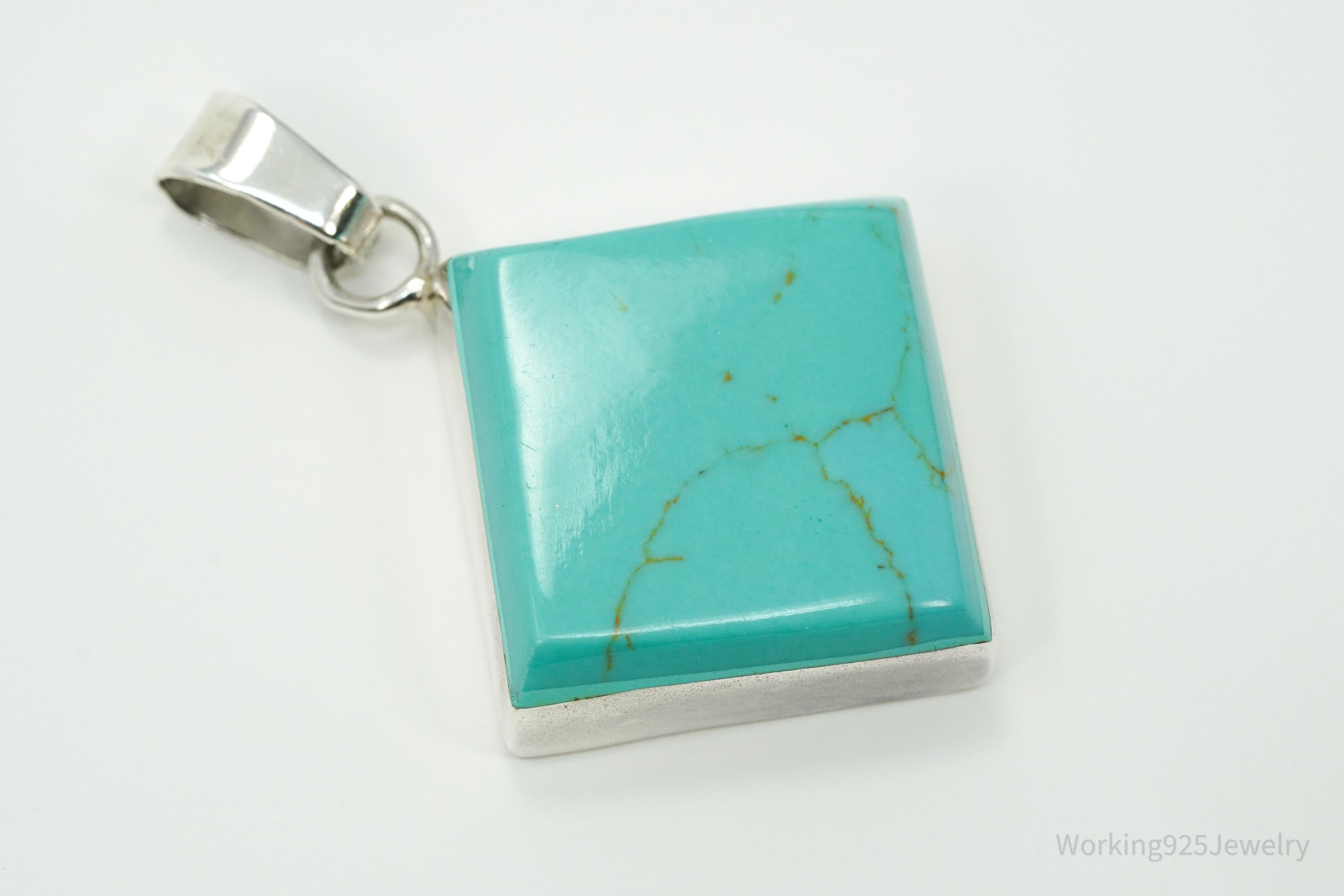 Vintage Turquoise Square Sterling Silver Necklace Pendant